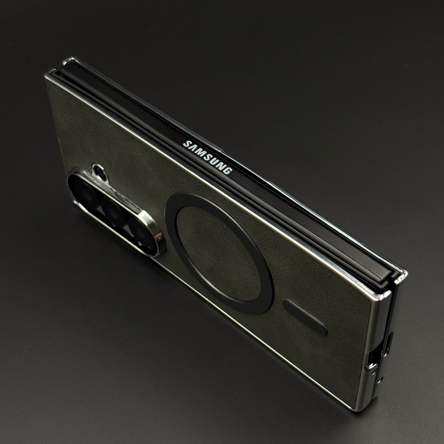 Magnetic MagSafe Leather Phone Case Cover for Samsung Galaxy Z Fold 7 | Matte Chrome Edges