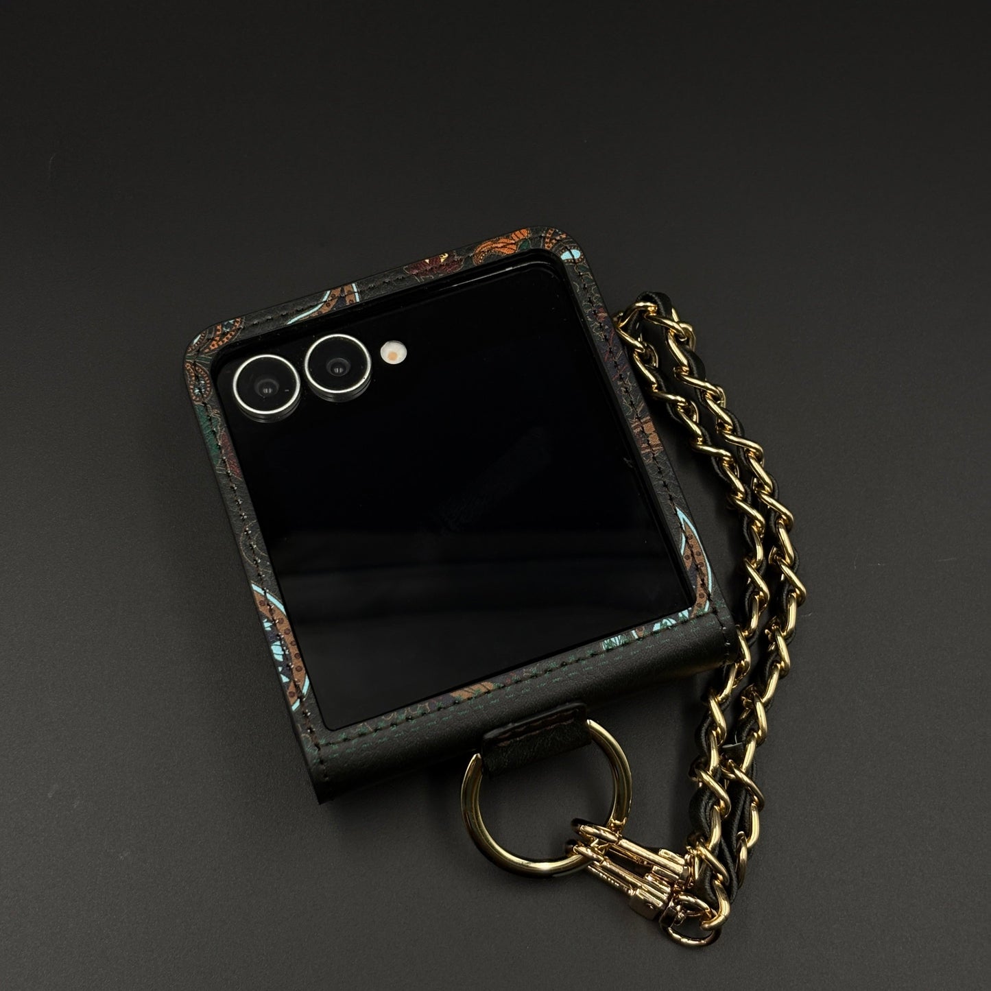 Indian Art Designer Phone Case Cover for Samsung Galaxy Z Flip 7 | Paisley Leather Cover with Chain Strap | Traditional Print