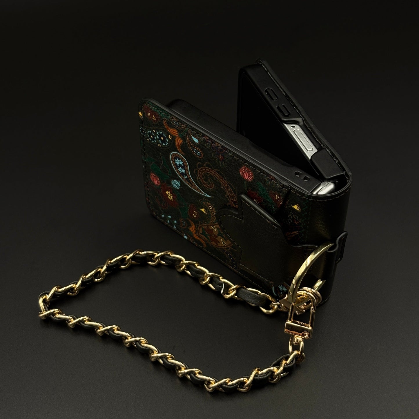 Indian Art Designer Phone Case Cover for Samsung Galaxy Z Flip 7 | Paisley Leather Cover with Chain Strap | Traditional Print