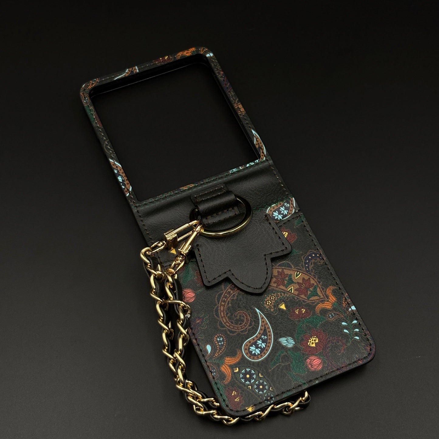 Indian Art Designer Phone Case Cover for Samsung Galaxy Z Flip 7 | Paisley Leather Cover with Chain Strap | Traditional Print
