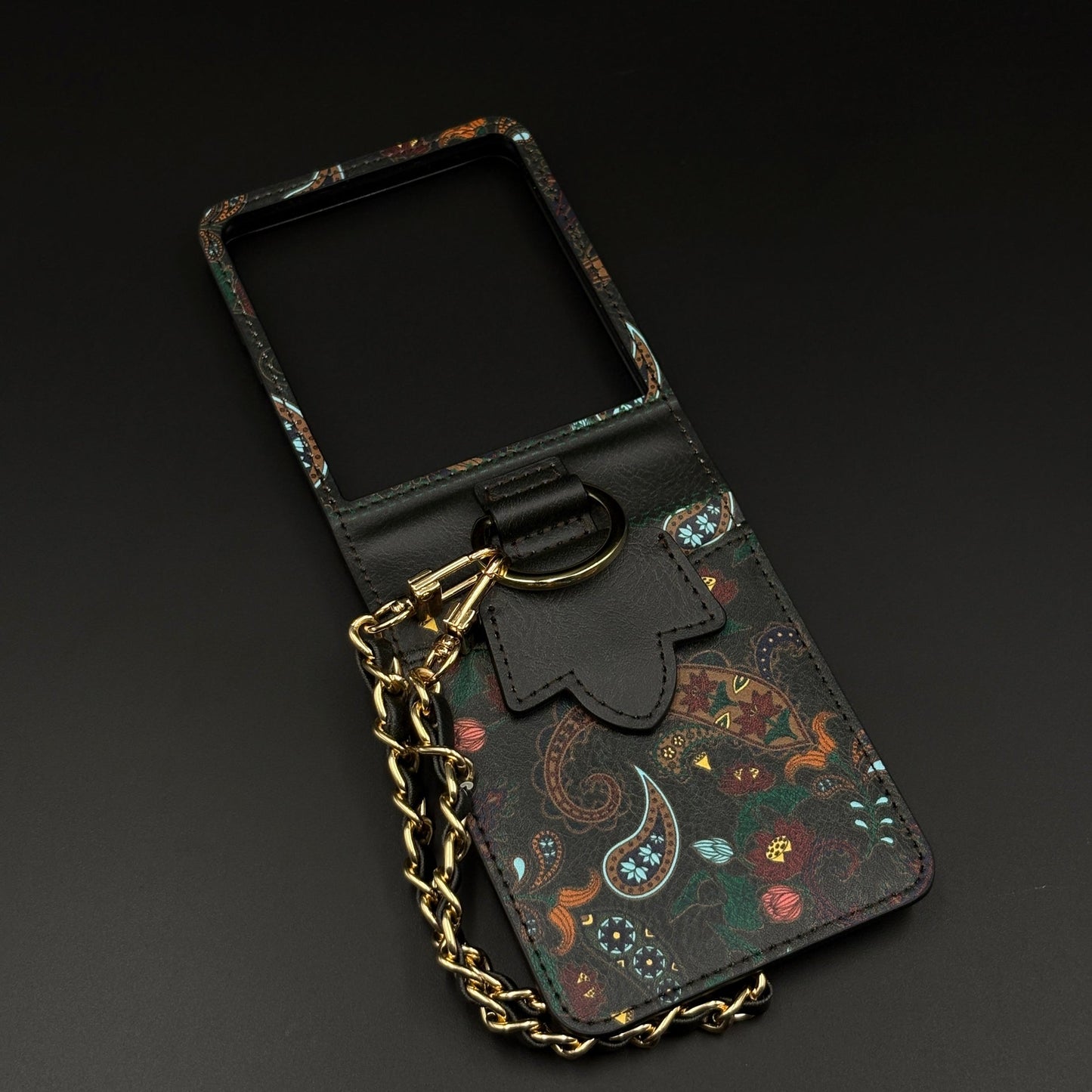 Indian Art Designer Phone Case Cover for Samsung Galaxy Z Flip 7 | Paisley Leather Cover with Chain Strap | Traditional Print