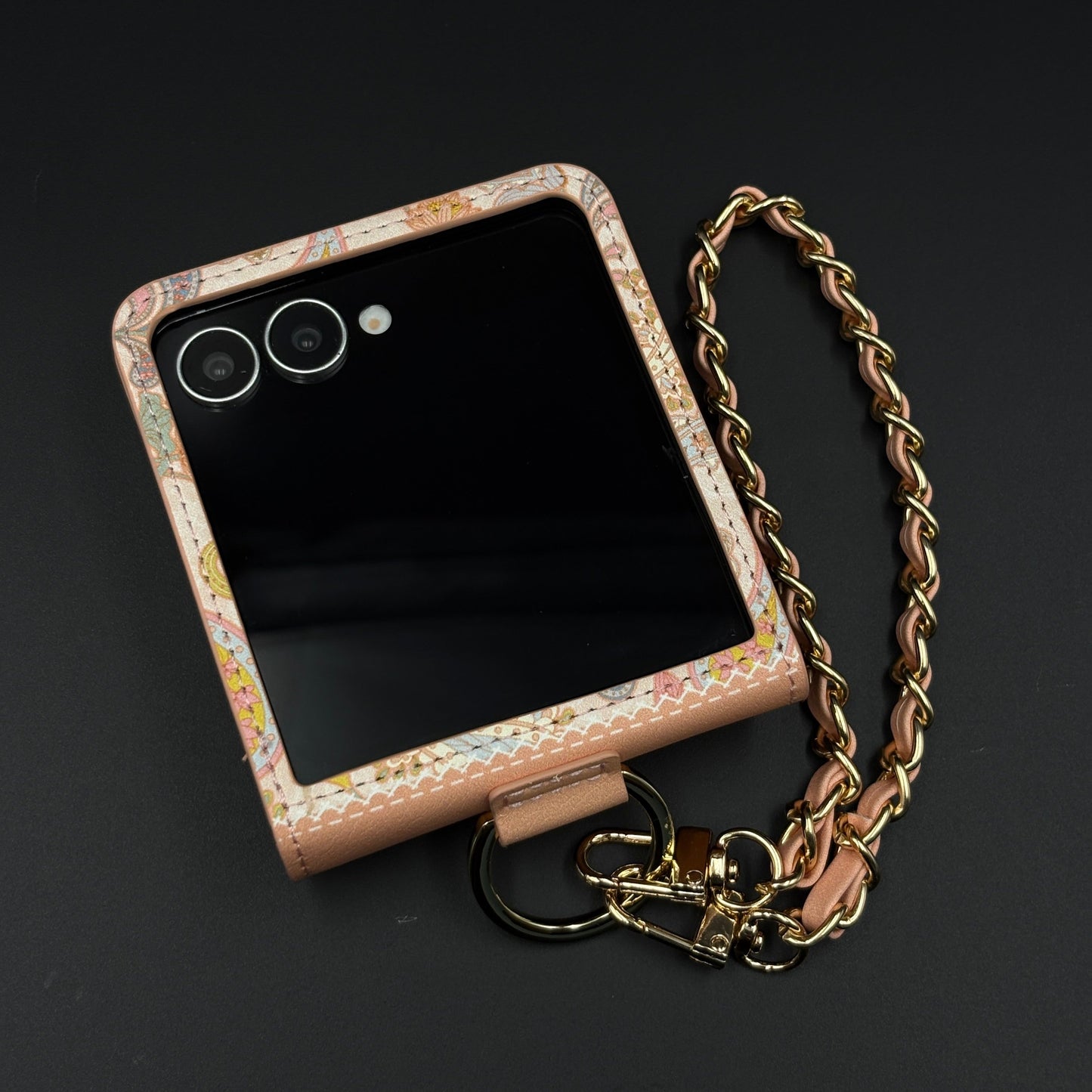 Indian Art Designer Phone Case Cover for Samsung Galaxy Z Flip 7 | Paisley Leather Cover with Chain Strap | Traditional Print