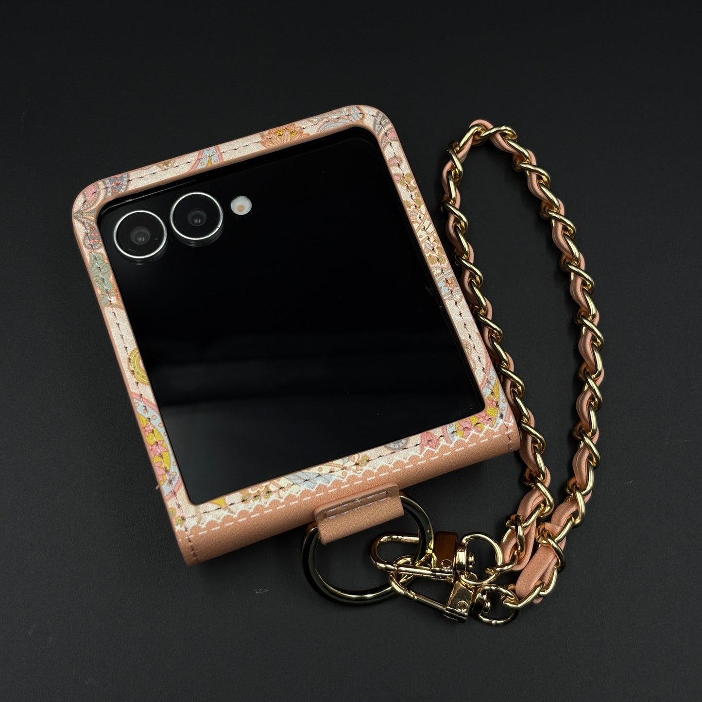 Indian Art Designer Phone Case Cover for Samsung Galaxy Z Flip 7 | Paisley Leather Cover with Chain Strap | Traditional Print