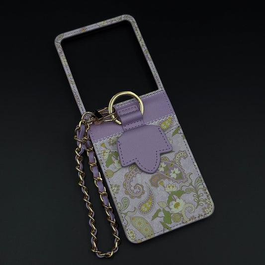Indian Art Designer Phone Case Cover for Samsung Galaxy Z Flip 7 | Paisley Leather Cover with Chain Strap | Traditional Print