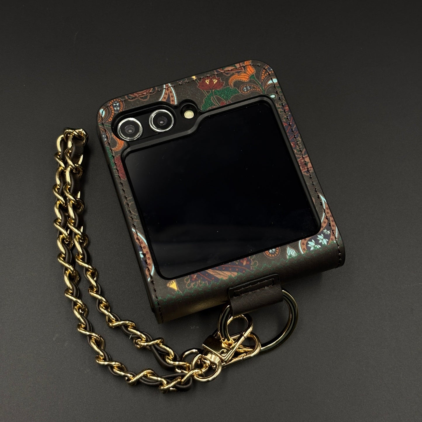 Indian Art Designer Phone Case Cover for Samsung Galaxy Z Flip 6 | Paisley Leather Cover with Chain Strap | Traditional Print