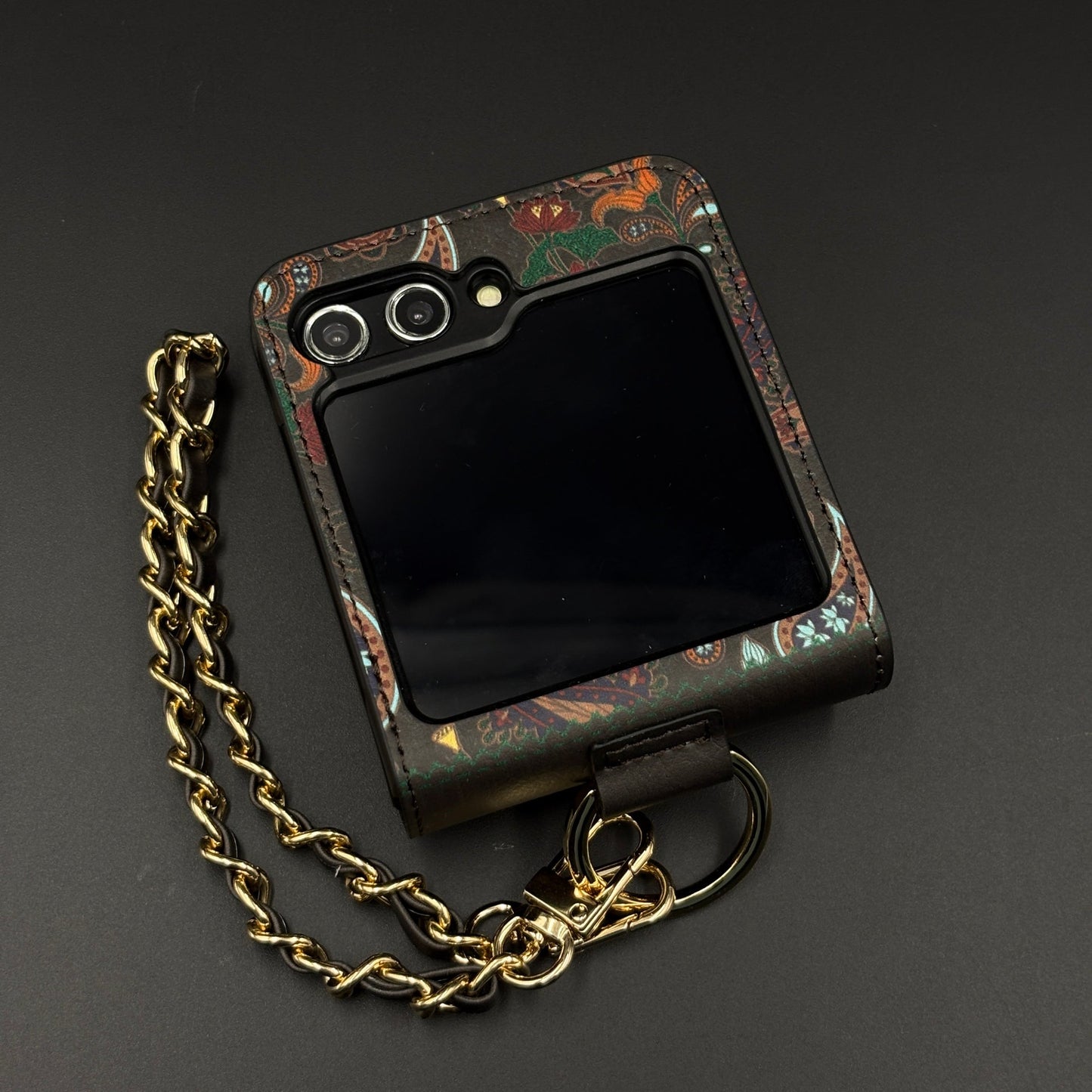 Indian Art Designer Phone Case Cover for Samsung Galaxy Z Flip 6 | Paisley Leather Cover with Chain Strap | Traditional Print
