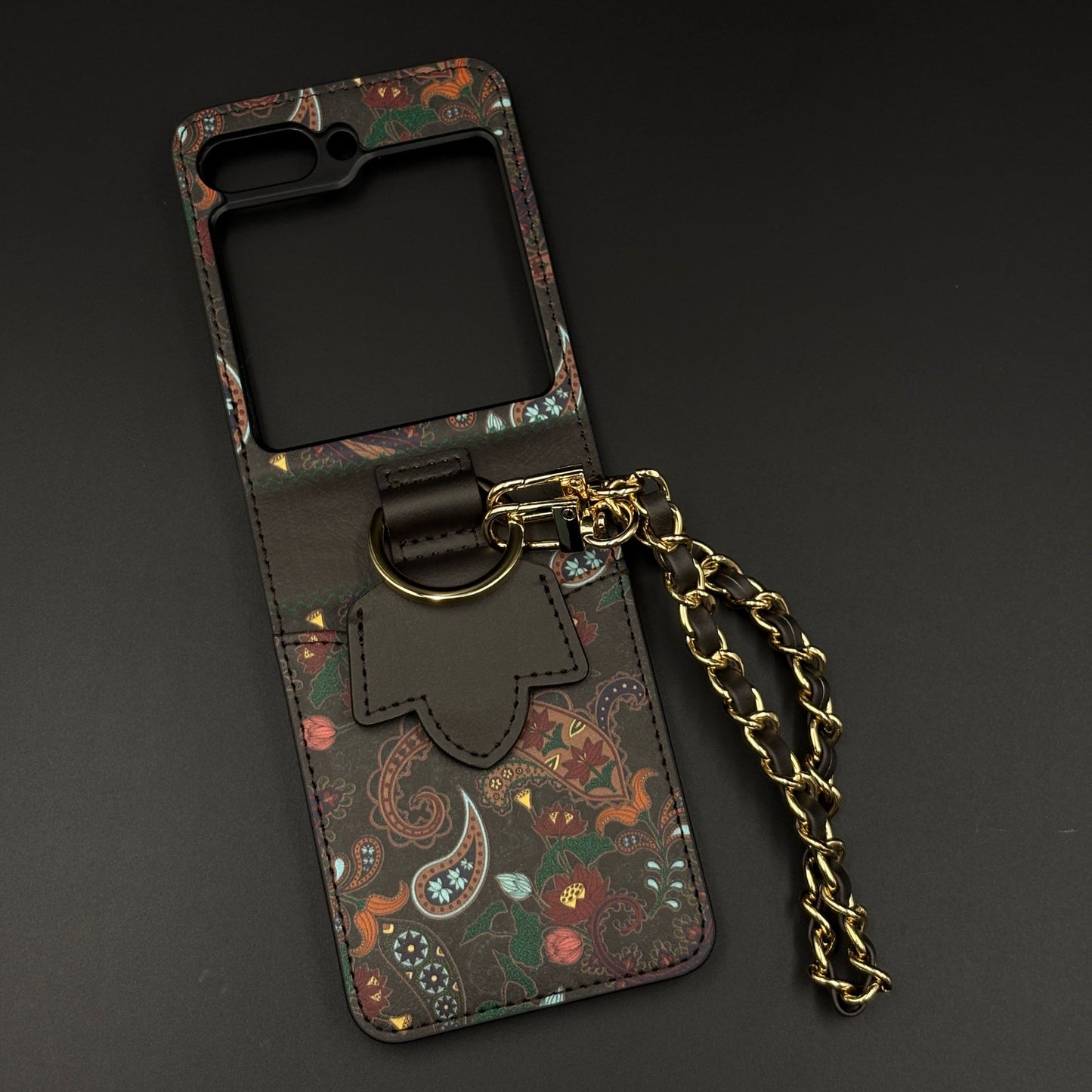 Indian Art Designer Phone Case Cover for Samsung Galaxy Z Flip 5 | Paisley Leather Cover with Chain Strap | Traditional Print