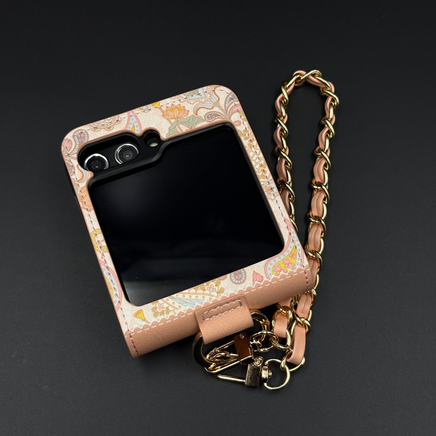 Indian Art Designer Phone Case Cover for Samsung Galaxy Z Flip 6 | Paisley Leather Cover with Chain Strap | Traditional Print