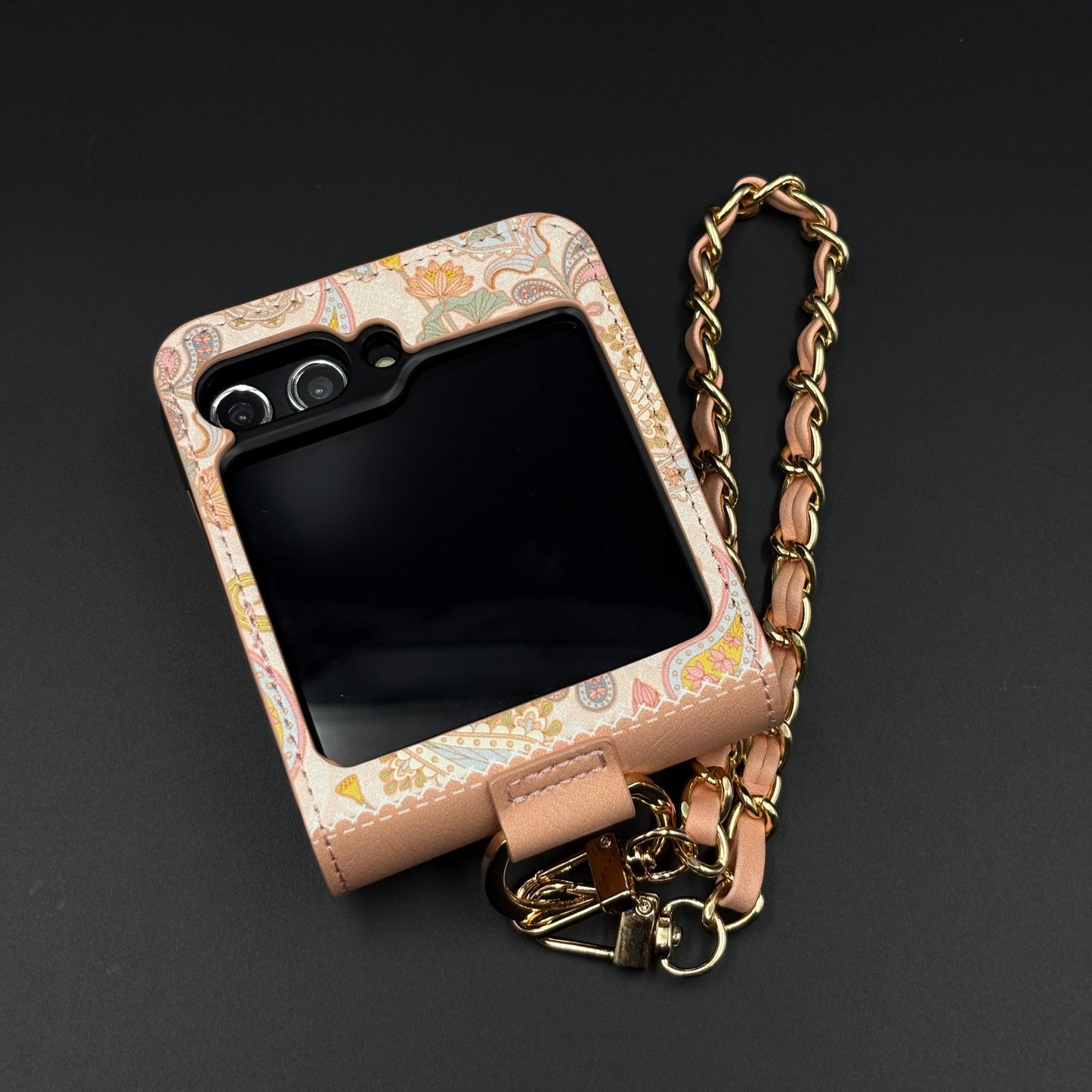 Indian Art Designer Phone Case Cover for Samsung Galaxy Z Flip 6 | Paisley Leather Cover with Chain Strap | Traditional Print
