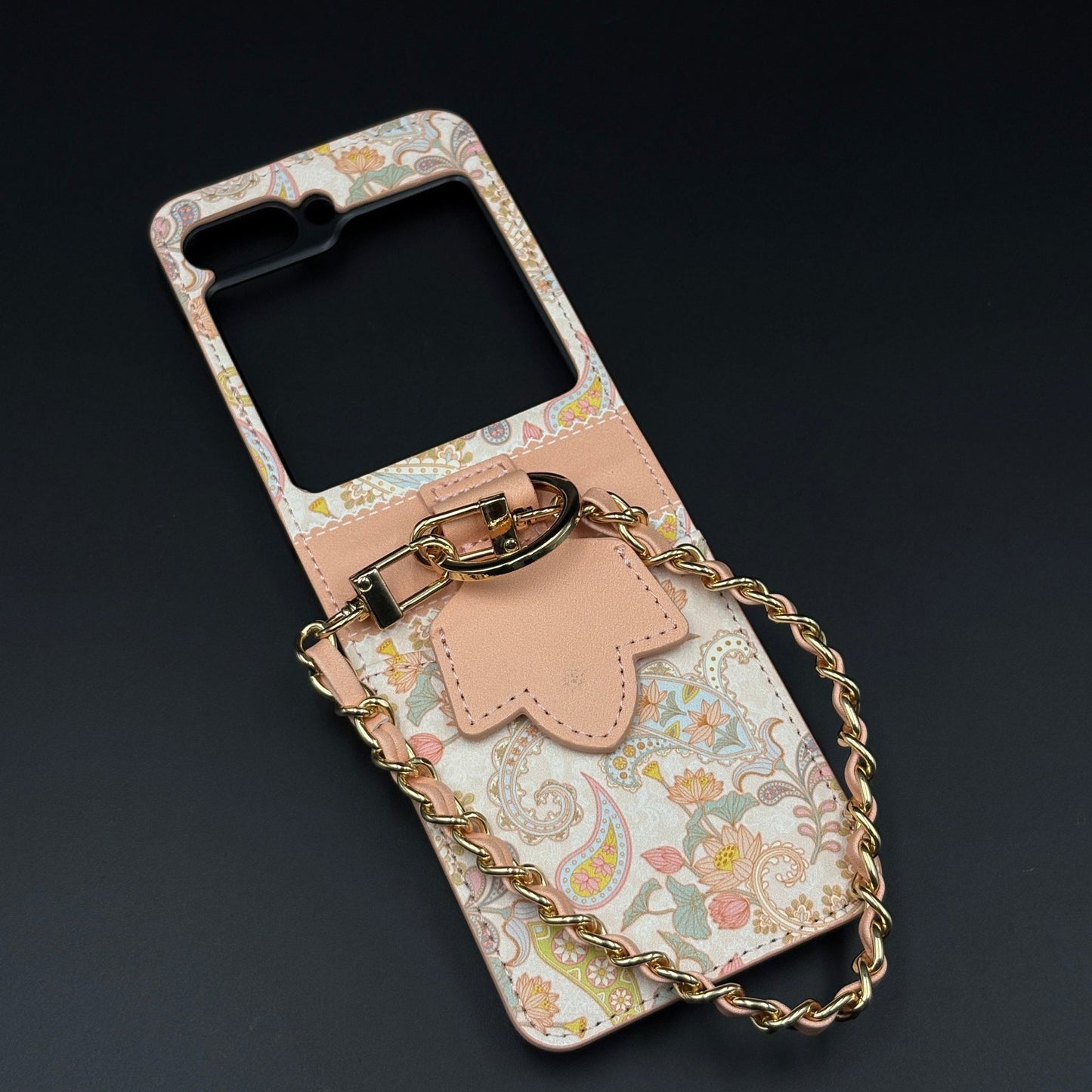 Indian Art Designer Phone Case Cover for Samsung Galaxy Z Flip 5 | Paisley Leather Cover with Chain Strap | Traditional Print