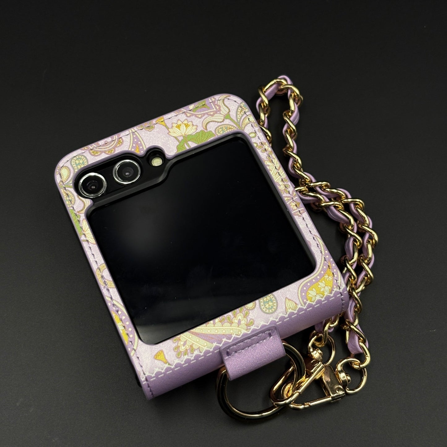 Indian Art Designer Phone Case Cover for Samsung Galaxy Z Flip 5 | Paisley Leather Cover with Chain Strap | Traditional Print
