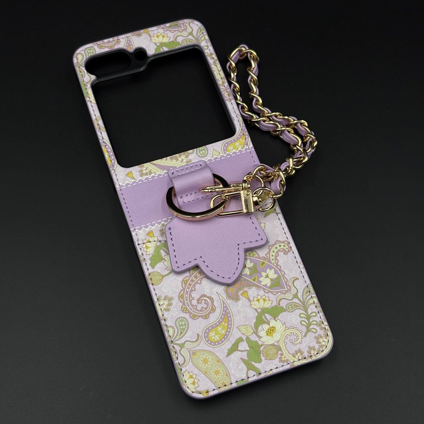 Indian Art Designer Phone Case Cover for Samsung Galaxy Z Flip 5 | Paisley Leather Cover with Chain Strap | Traditional Print