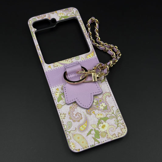 Indian Art Designer Phone Case Cover for Samsung Galaxy Z Flip 5 | Paisley Leather Cover with Chain Strap | Traditional Print