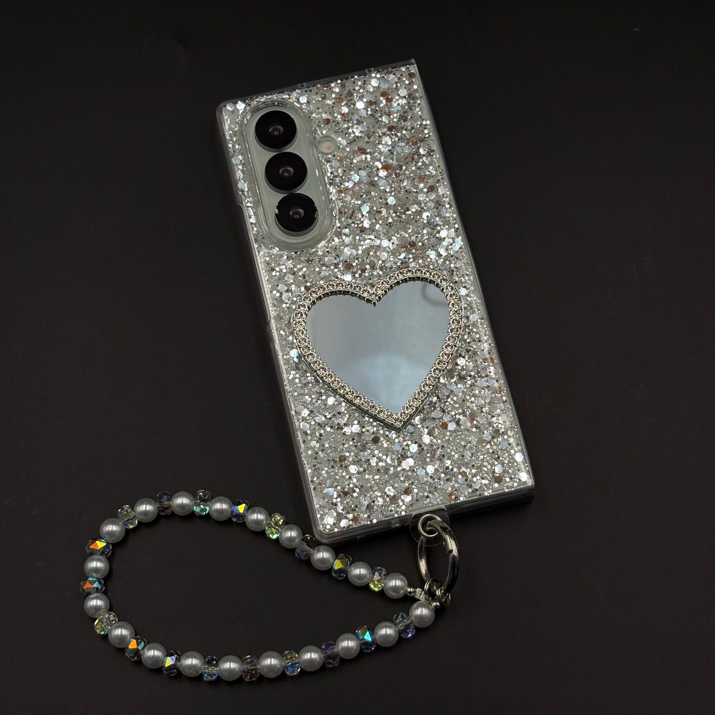 Sparkle Heart Mirror Rhinestone Case Cover with Pearl Strap for Samsung Galaxy Z Fold 7