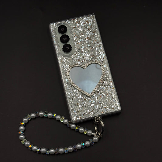 Sparkle Heart Mirror Rhinestone Case Cover with Pearl Strap for Samsung Galaxy Z Fold 7