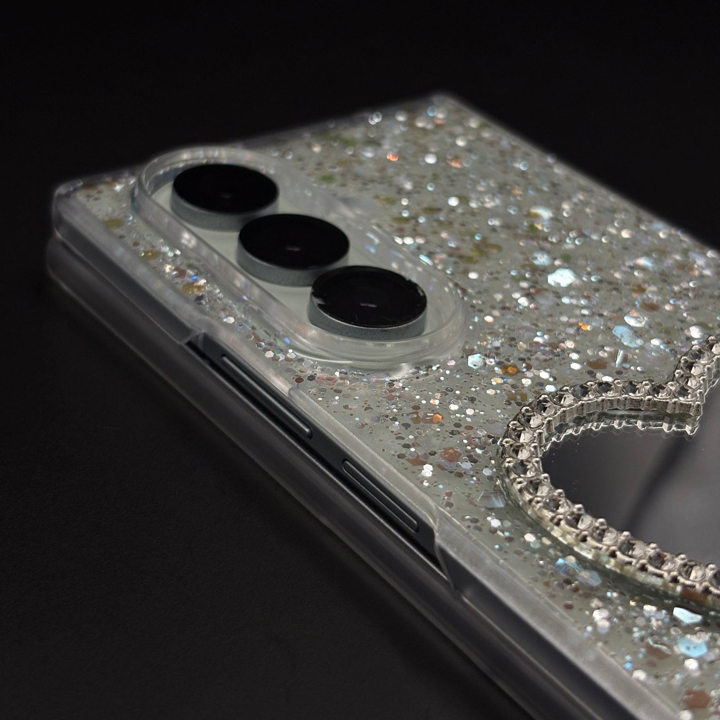 Sparkle Heart Mirror Rhinestone Case Cover with Pearl Strap for Samsung Galaxy Z Fold 7