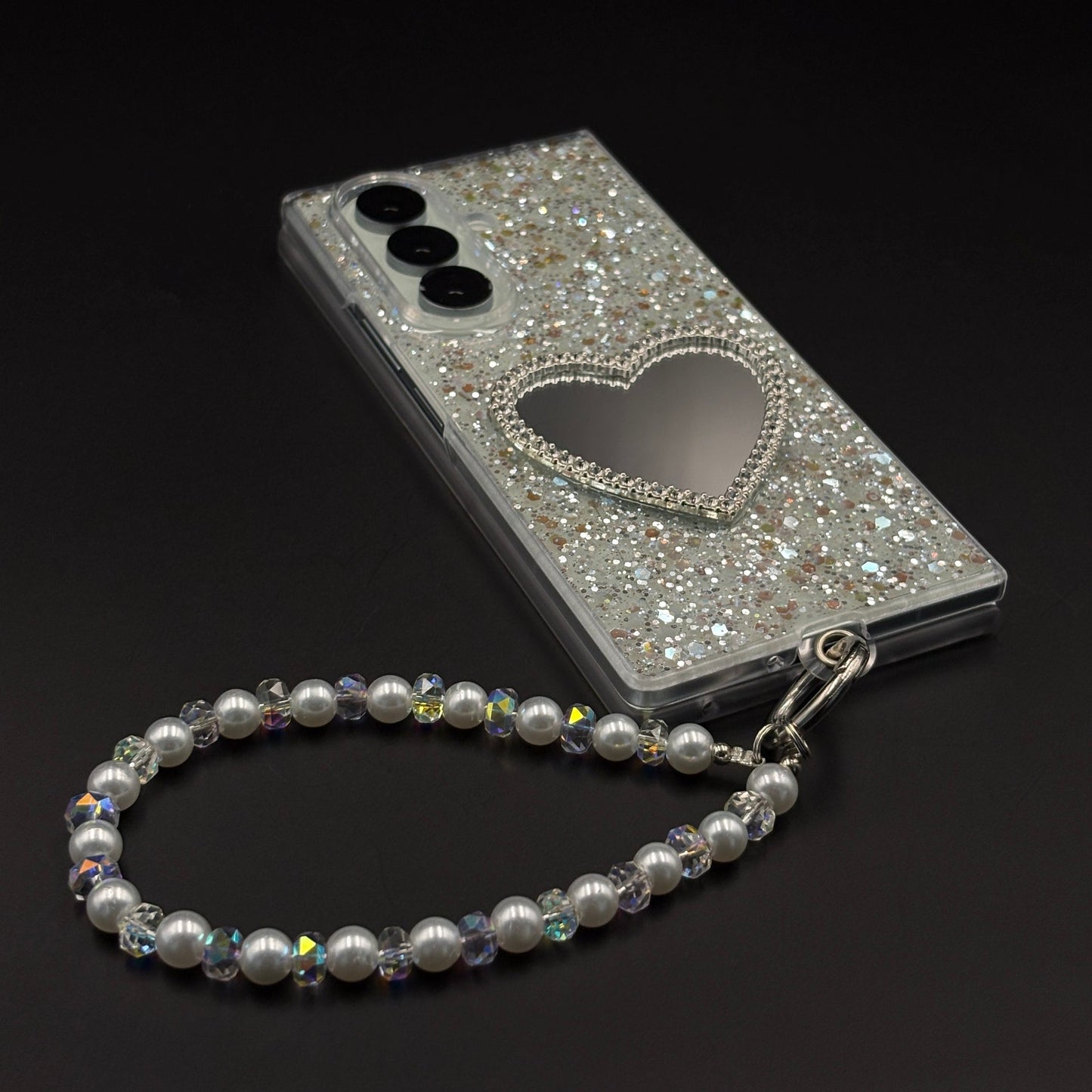 Sparkle Heart Mirror Rhinestone Case Cover with Pearl Strap for Samsung Galaxy Z Fold 7
