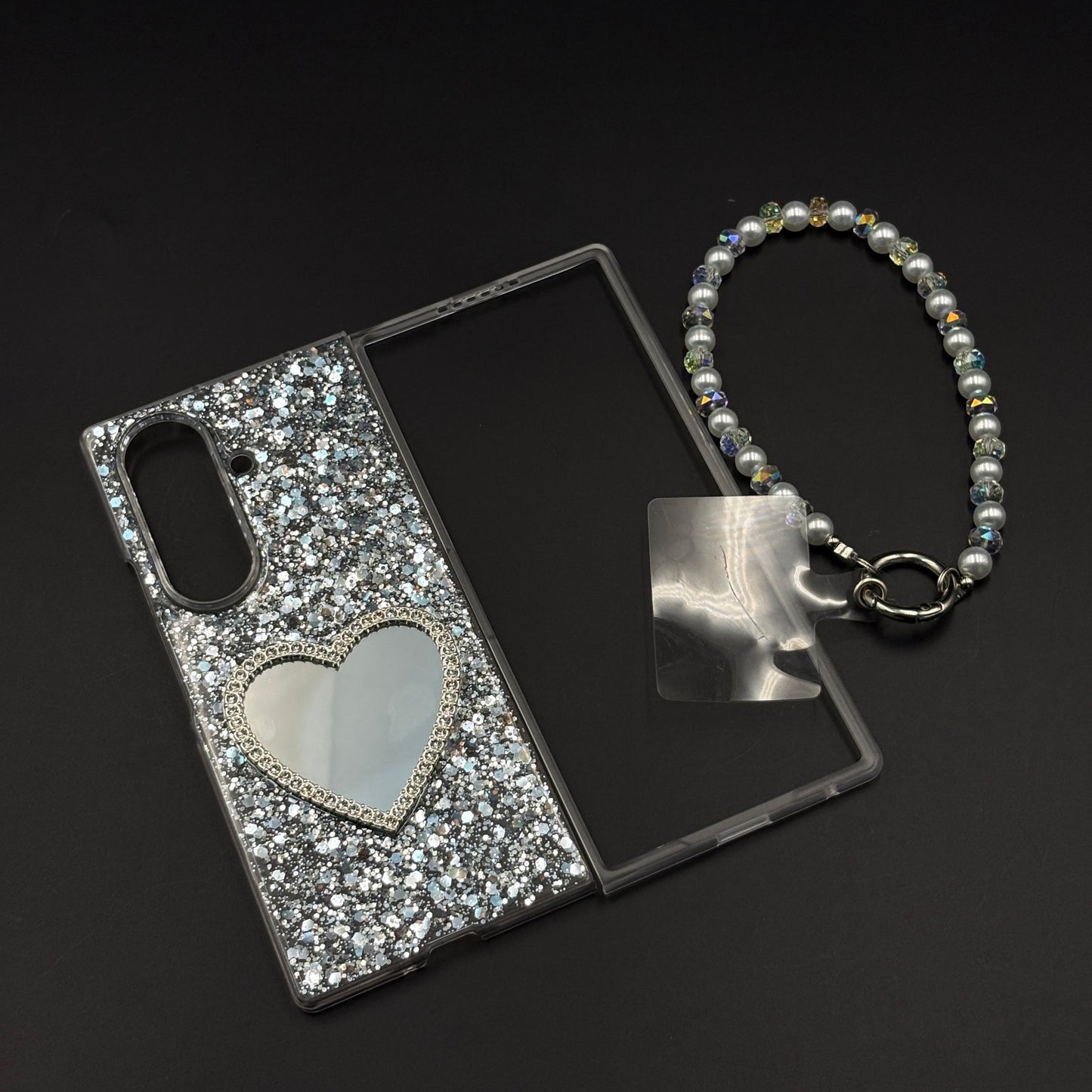 Sparkle Heart Mirror Rhinestone Case Cover with Pearl Strap for Samsung Galaxy Z Fold 7