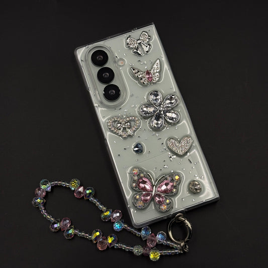 Crystal Butterfly Bloom Charm Case with Beaded Strap for Samsung Galaxy Z Fold 7
