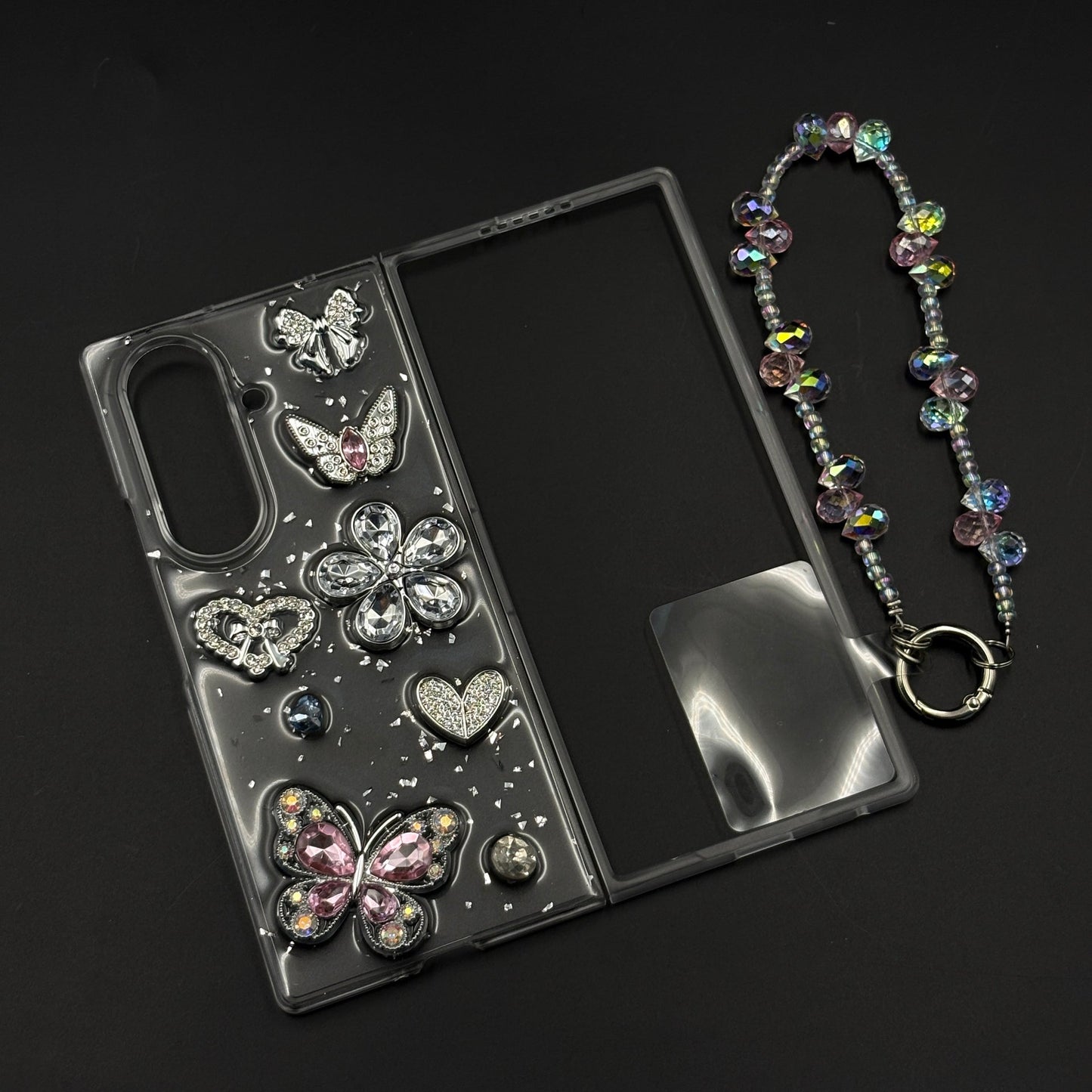 Crystal Butterfly Bloom Charm Case with Beaded Strap for Samsung Galaxy Z Fold 7
