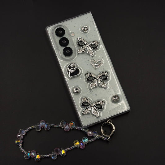 Silver Rhinestone Bow Charm Case with Beaded Strap for Samsung Galaxy Z Fold 7
