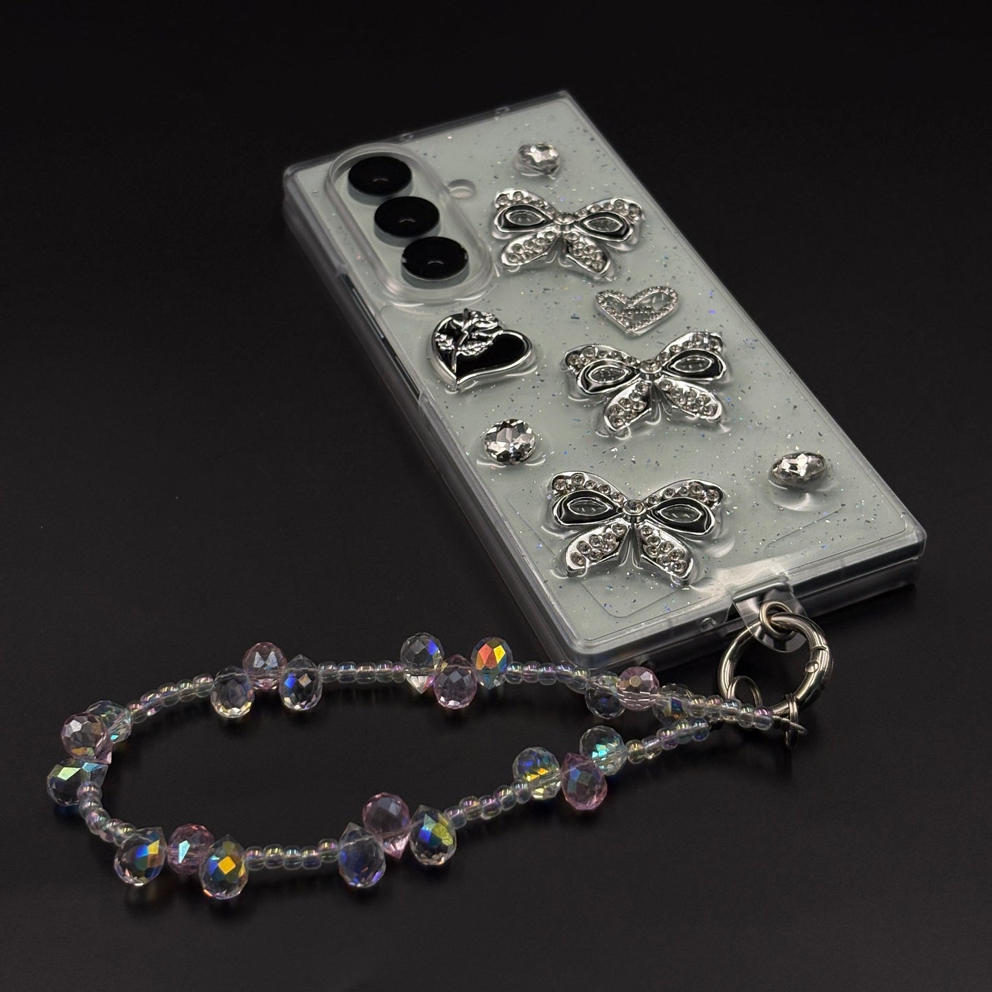 Silver Rhinestone Bow Charm Case with Beaded Strap for Samsung Galaxy Z Fold 7
