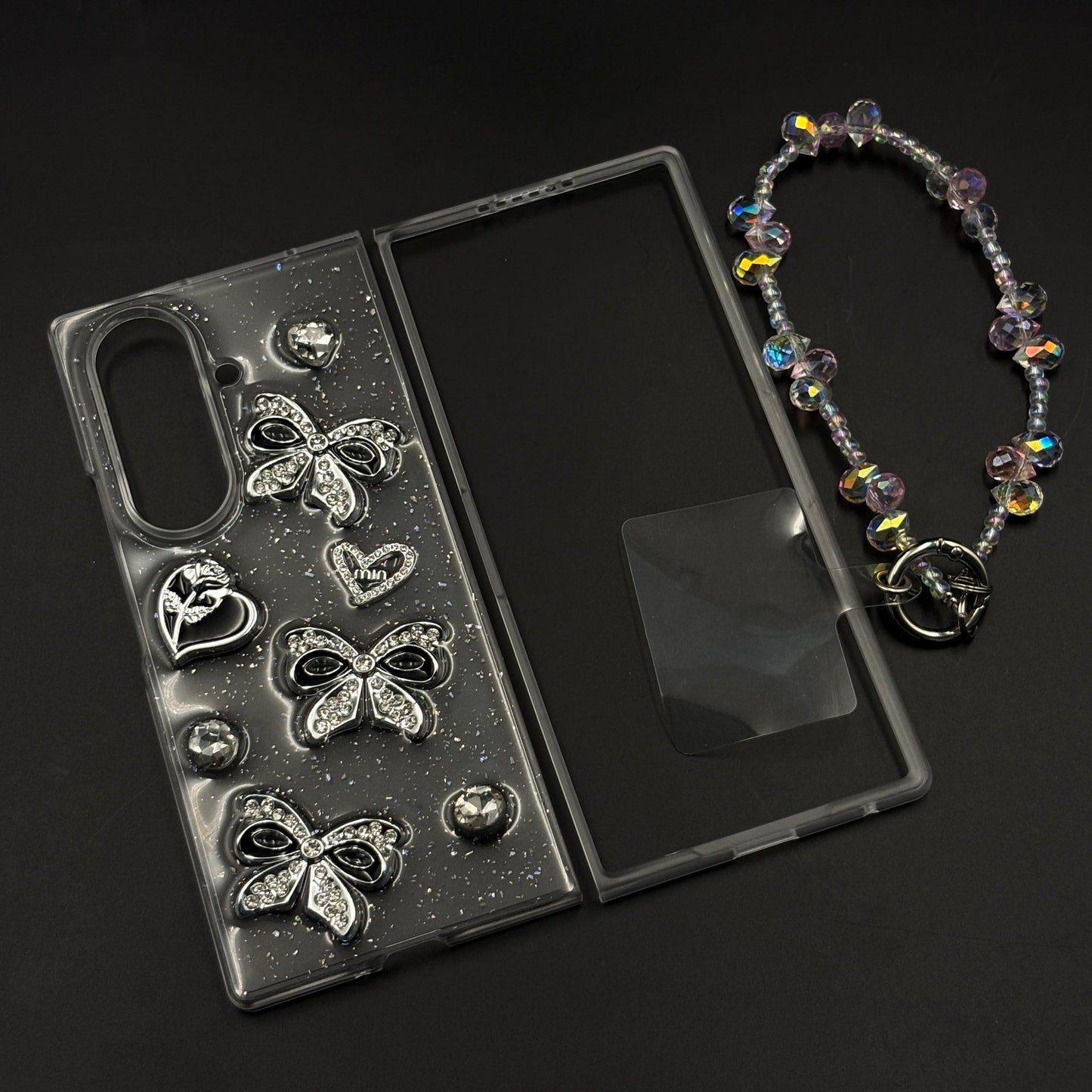 Silver Rhinestone Bow Charm Case with Beaded Strap for Samsung Galaxy Z Fold 7