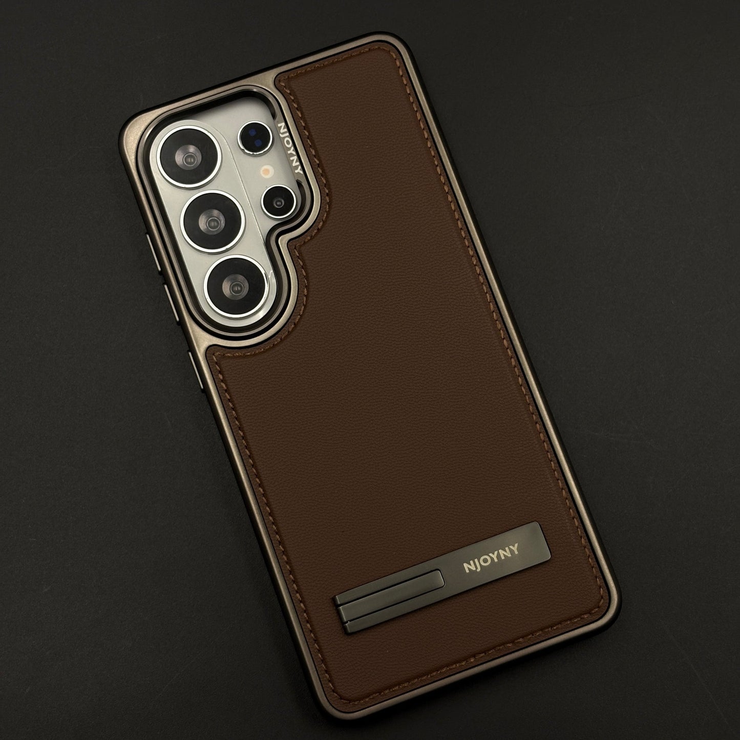 Stitch Leather Metal Kickstand Case Cover with Matte Chrome Finish for Samsung Galaxy S26 Ultra