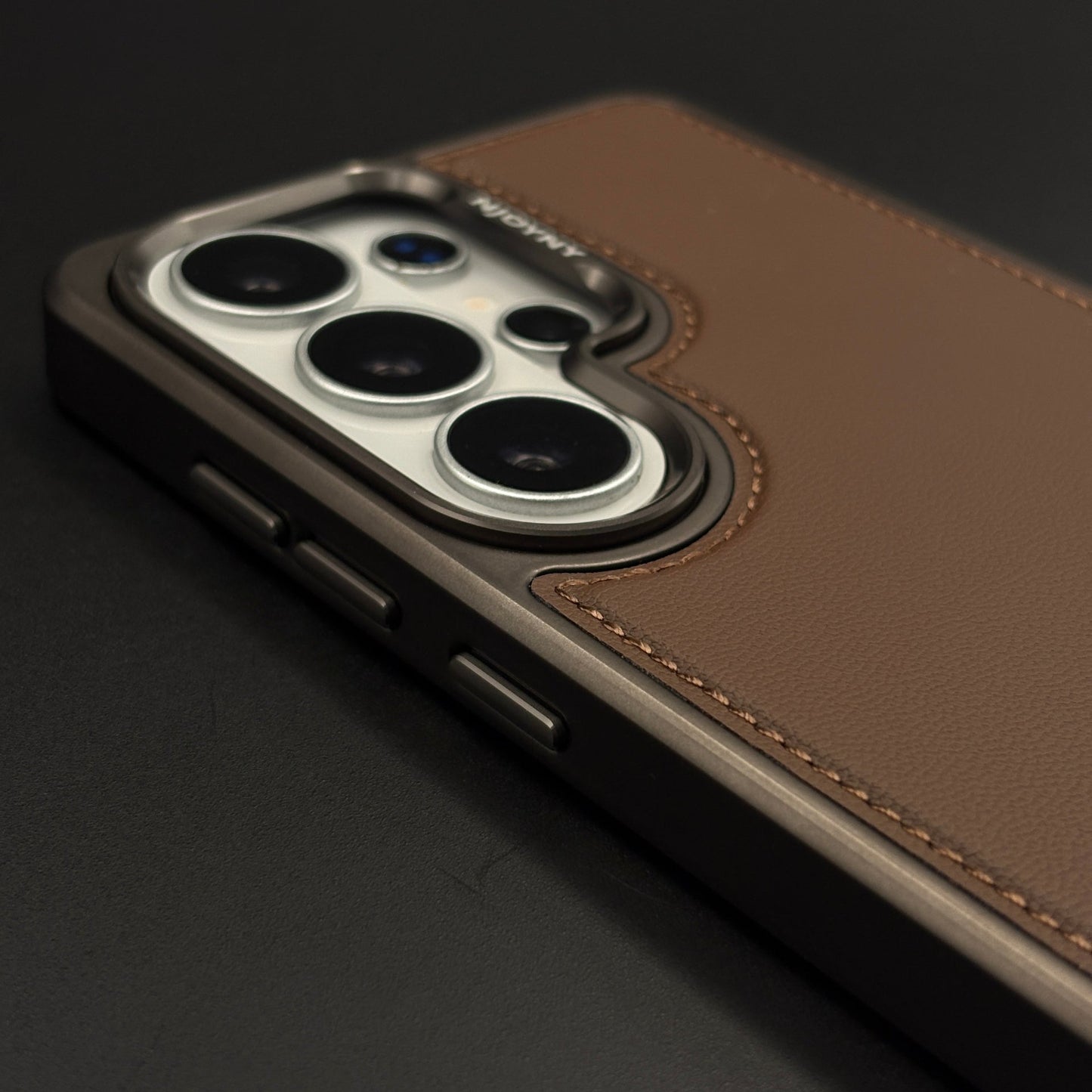Stitch Leather Metal Kickstand Case Cover with Matte Chrome Finish for Samsung Galaxy S26 Ultra