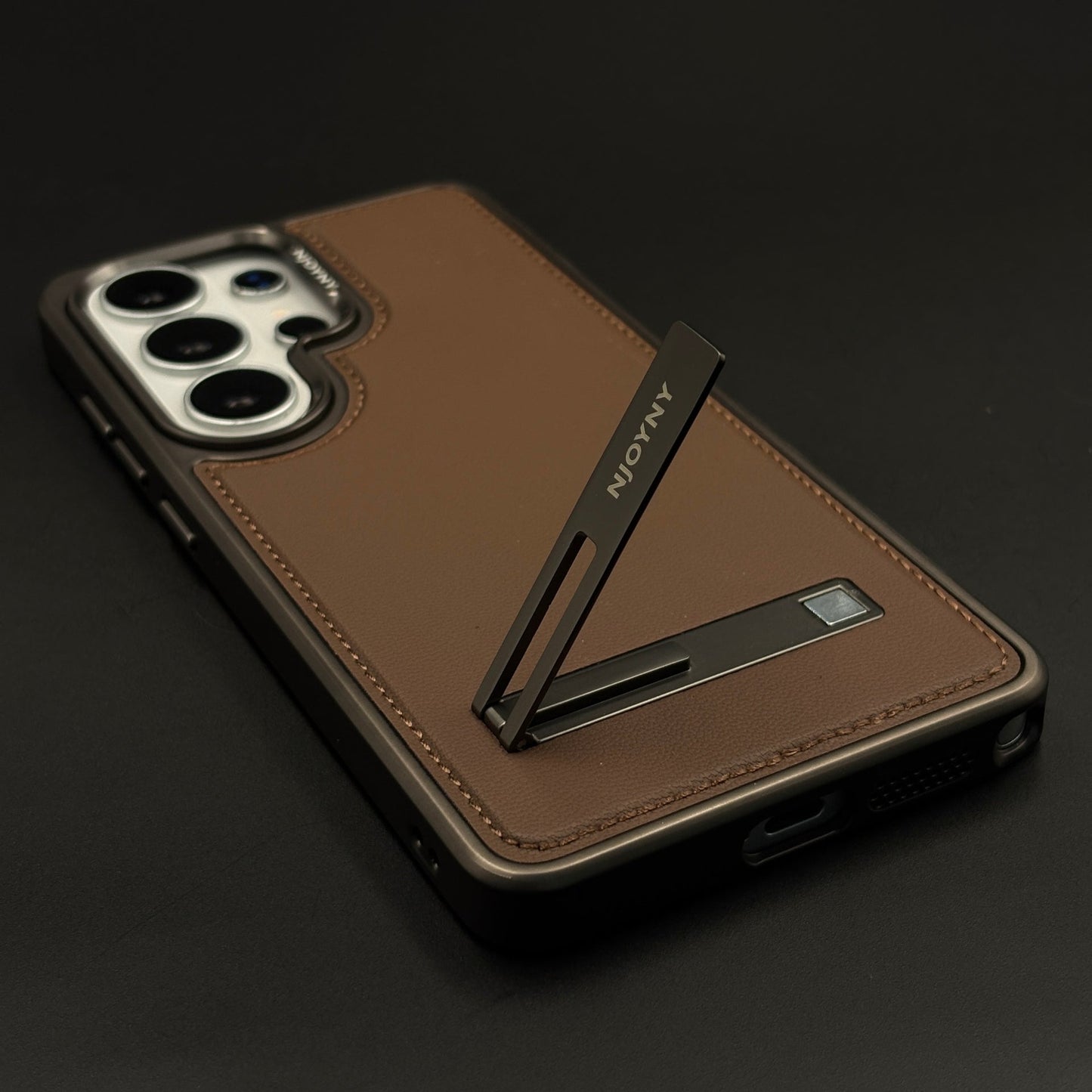 Stitch Leather Metal Kickstand Case Cover with Matte Chrome Finish for Samsung Galaxy S26 Ultra