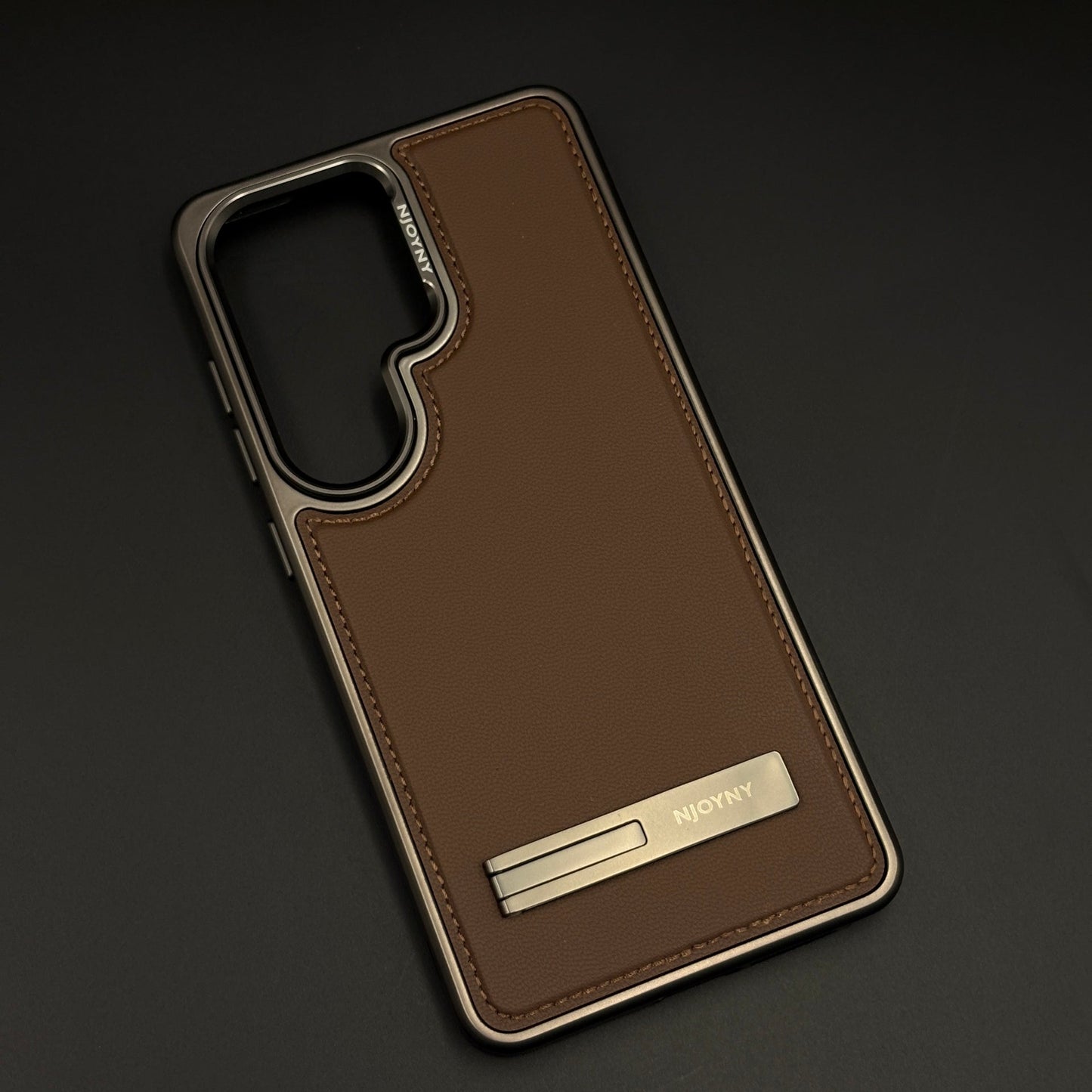 Stitch Leather Metal Kickstand Case Cover with Matte Chrome Finish for Samsung Galaxy S26 Ultra
