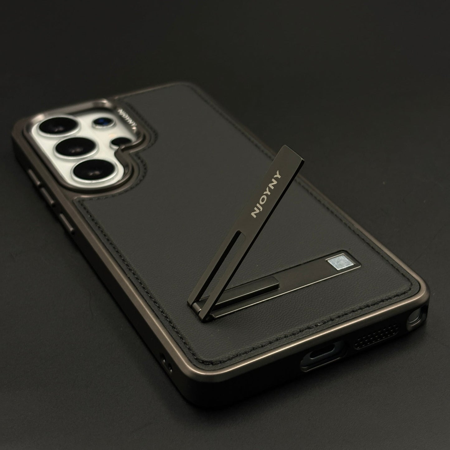 Stitch Leather Metal Kickstand Case Cover with Matte Chrome Finish for Samsung Galaxy S26 Ultra