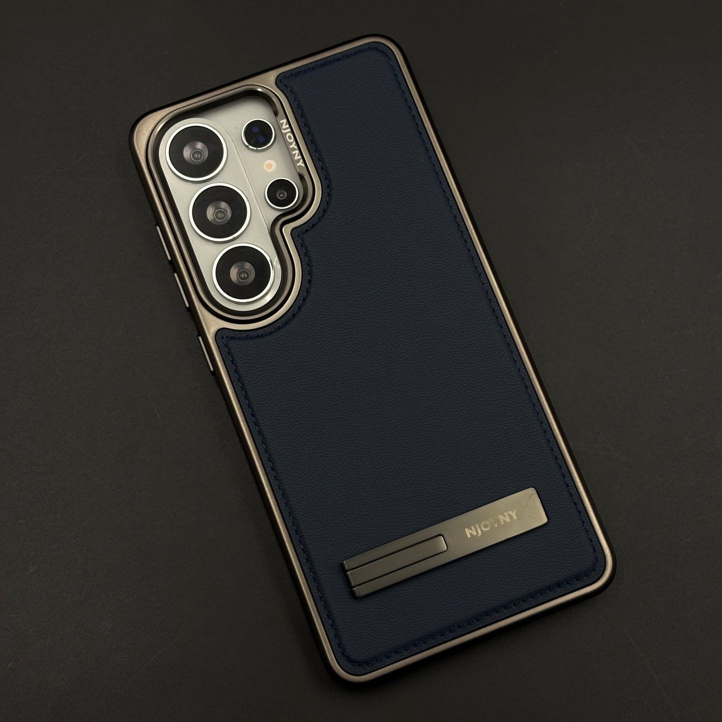 Stitch Leather Metal Kickstand Case Cover with Matte Chrome Finish for Samsung Galaxy S26 Ultra
