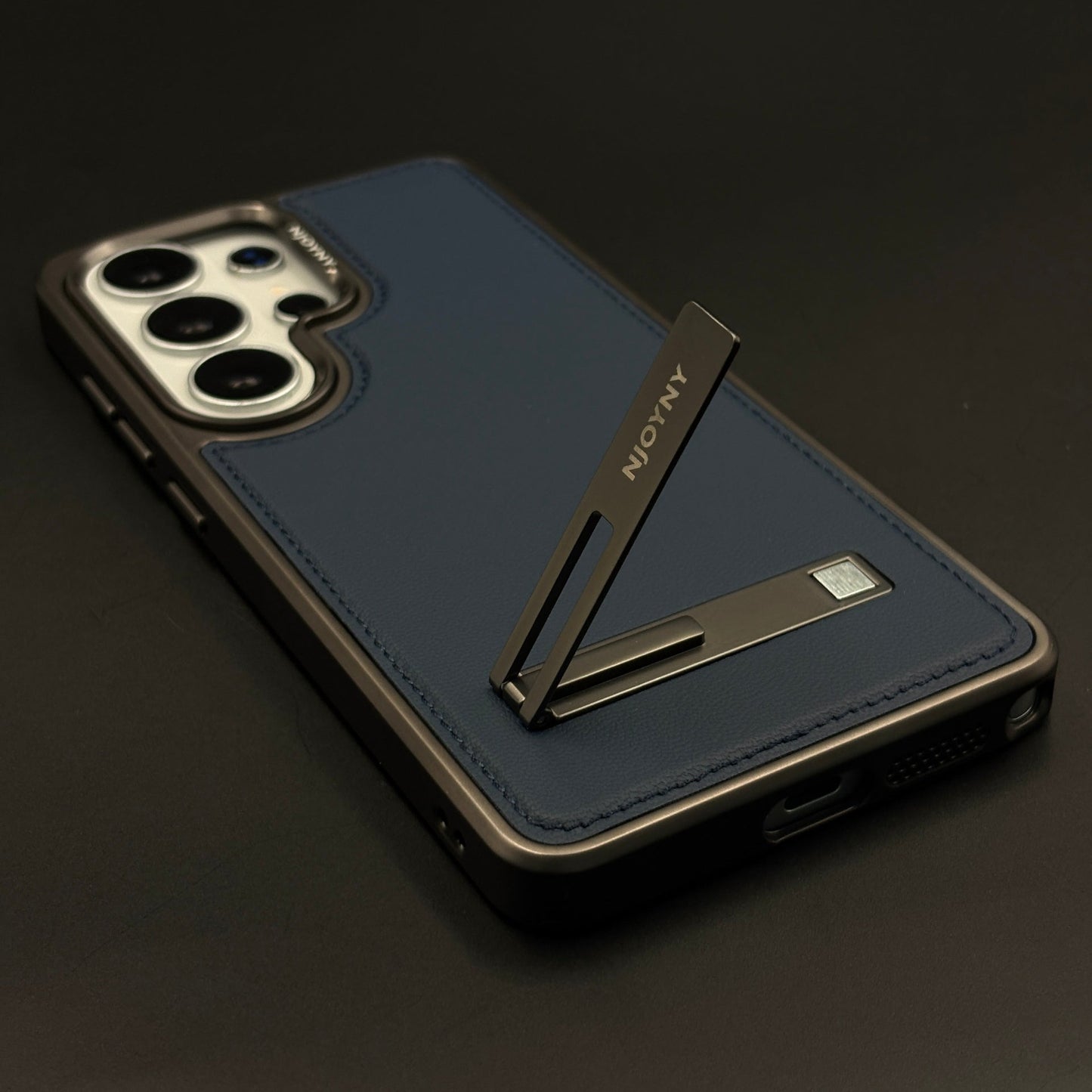 Stitch Leather Metal Kickstand Case Cover with Matte Chrome Finish for Samsung Galaxy S26 Ultra