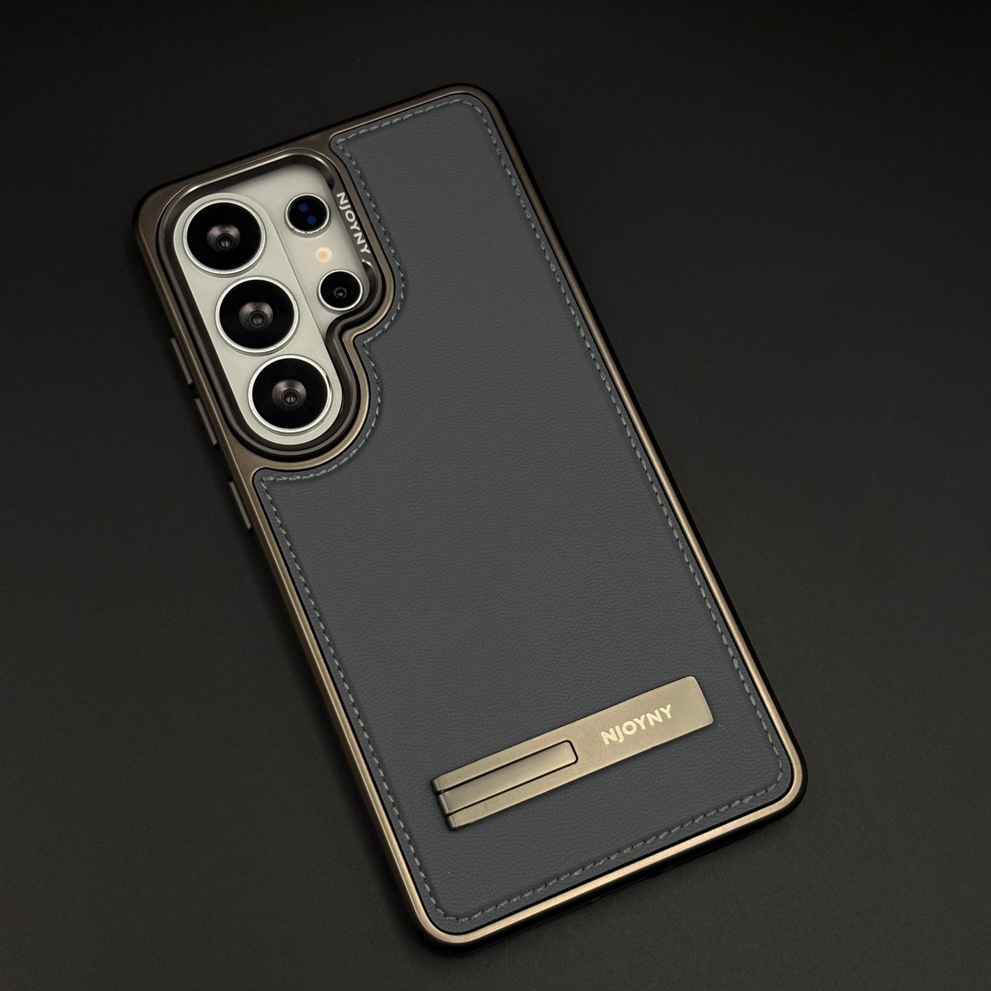 Stitch Leather Metal Kickstand Case Cover with Matte Chrome Finish for Samsung Galaxy S26 Ultra