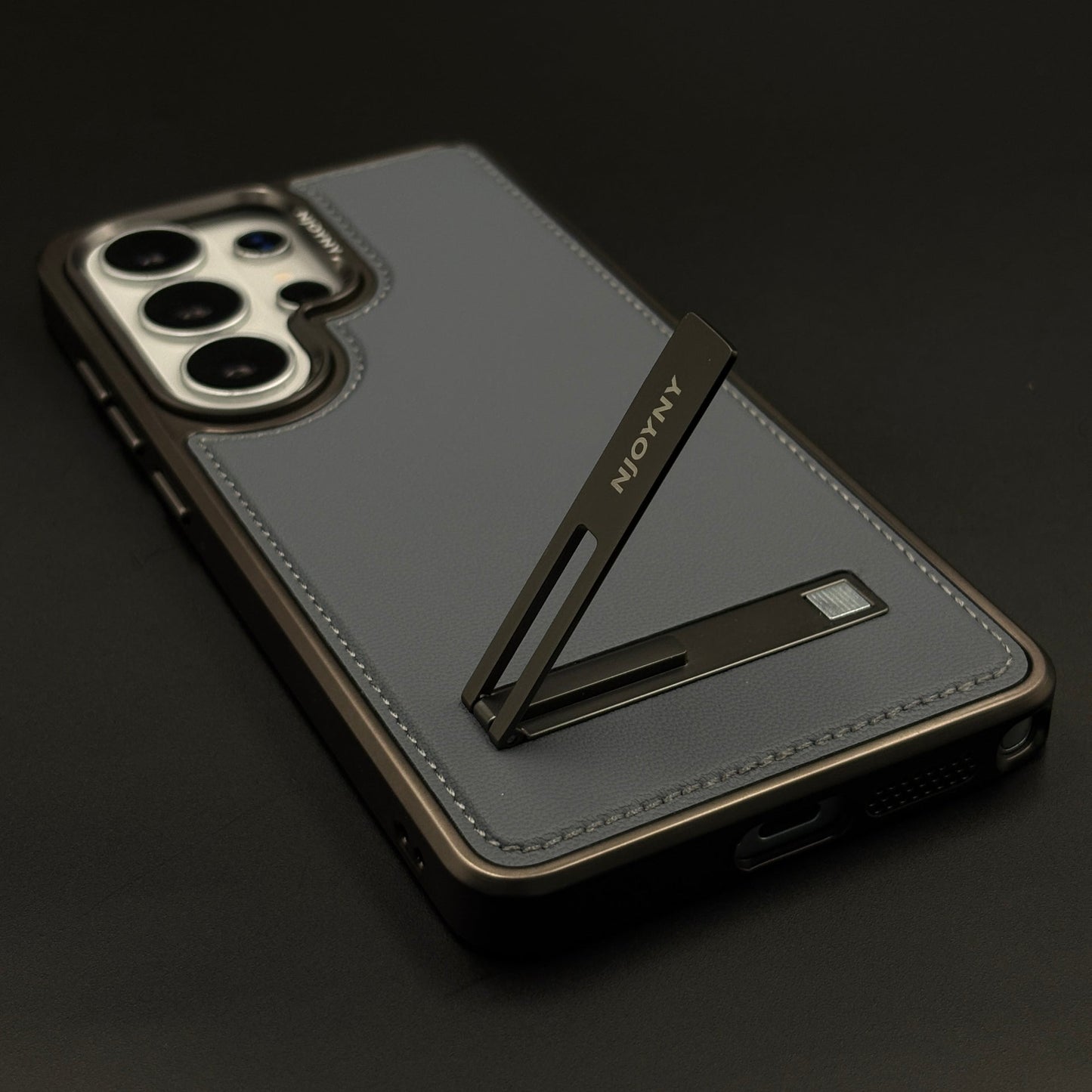 Stitch Leather Metal Kickstand Case Cover with Matte Chrome Finish for Samsung Galaxy S26 Ultra