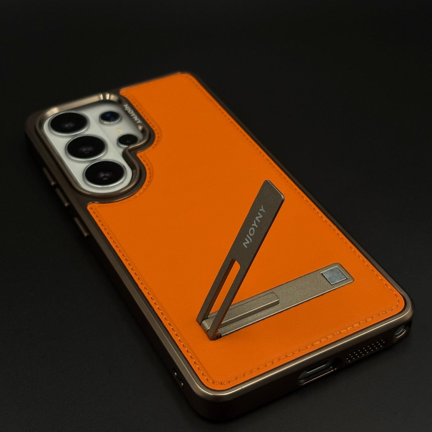 Stitch Leather Metal Kickstand Case Cover with Matte Chrome Finish for Samsung Galaxy S26 Ultra