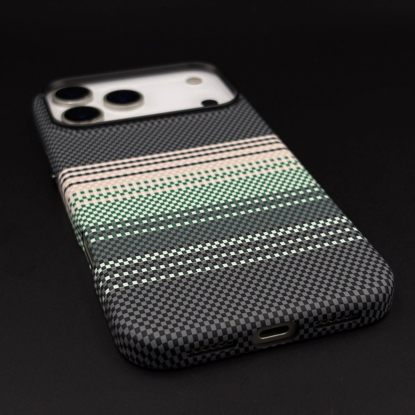 Green White Striped Premium Mobile Case Cover for iPhone 17 Series | Rare Aramid Texture Finish | Real Carbon Fibre Feel | Hidden MagSafe