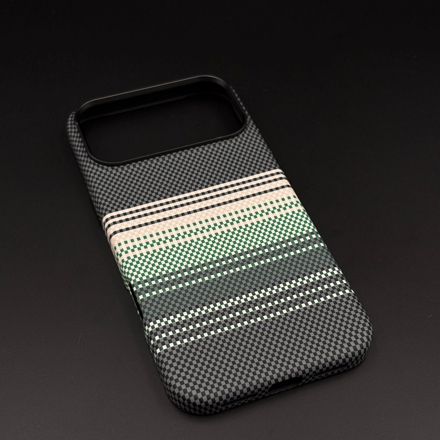Green White Striped Premium Mobile Case Cover for iPhone 17 Series | Rare Aramid Texture Finish | Real Carbon Fibre Feel | Hidden MagSafe