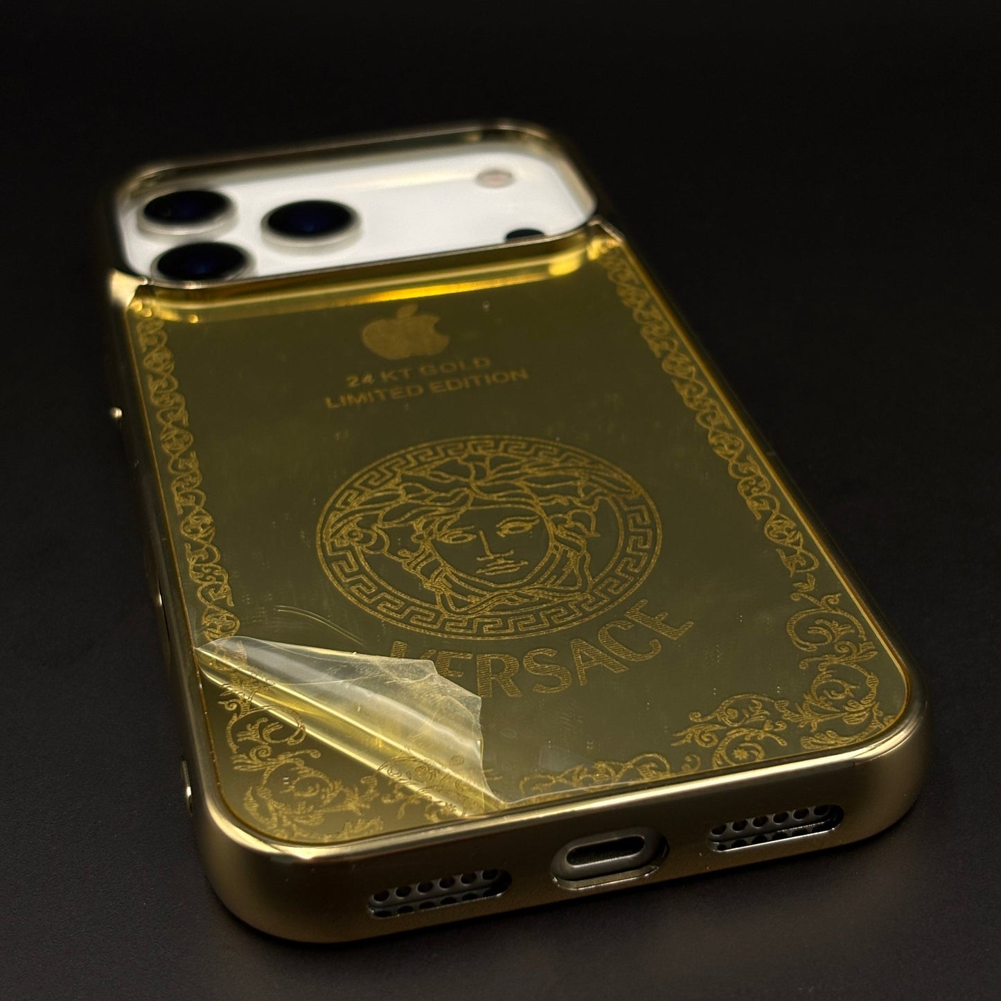 Handcrafted 24K Gold Plated Branded VS Logo Mobile Case Cover for iPhone 17 Series | Reflective Gold Finish