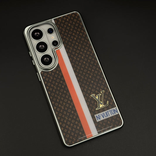 Luxury Fashion Stripe Monogram Metal Style Frame Case Cover for Samsung Galaxy S26 Ultra
