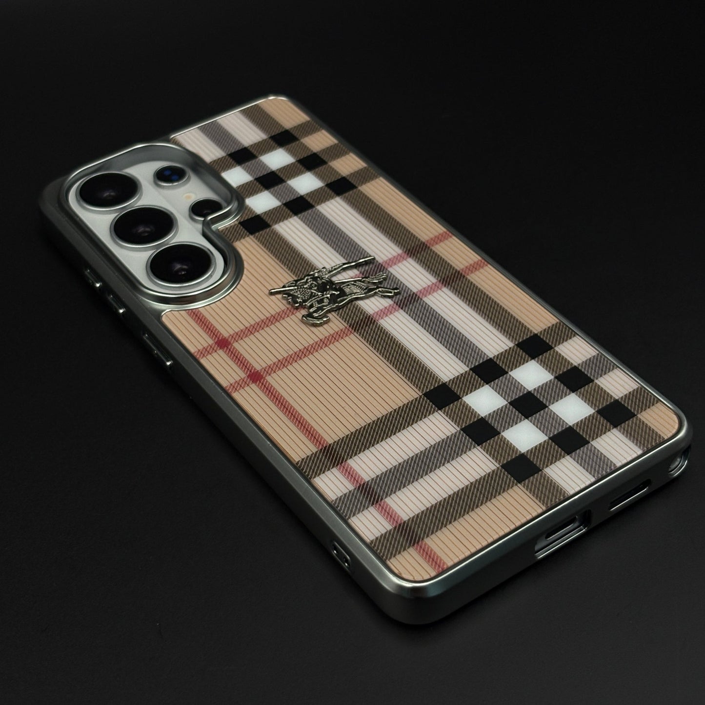 Luxury BBRY Check Plaid Metal Style Frame Case for Samsung Galaxy S26 Ultra