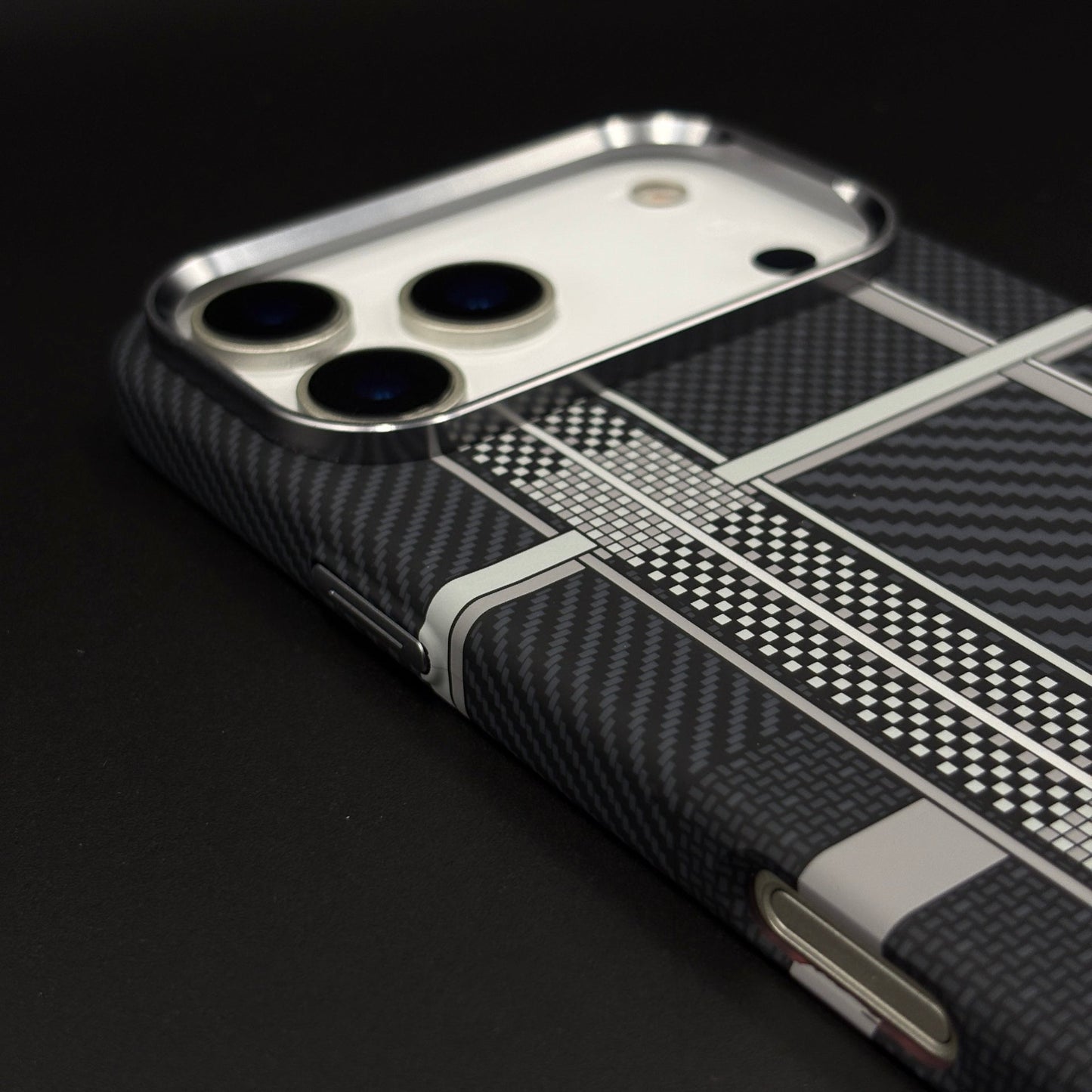 Striped White Slim Mobile Case Cover for iPhone 17 Series | Rare Aramid Texture Finish | Real Carbon Fibre Feel | Hidden MagSafe