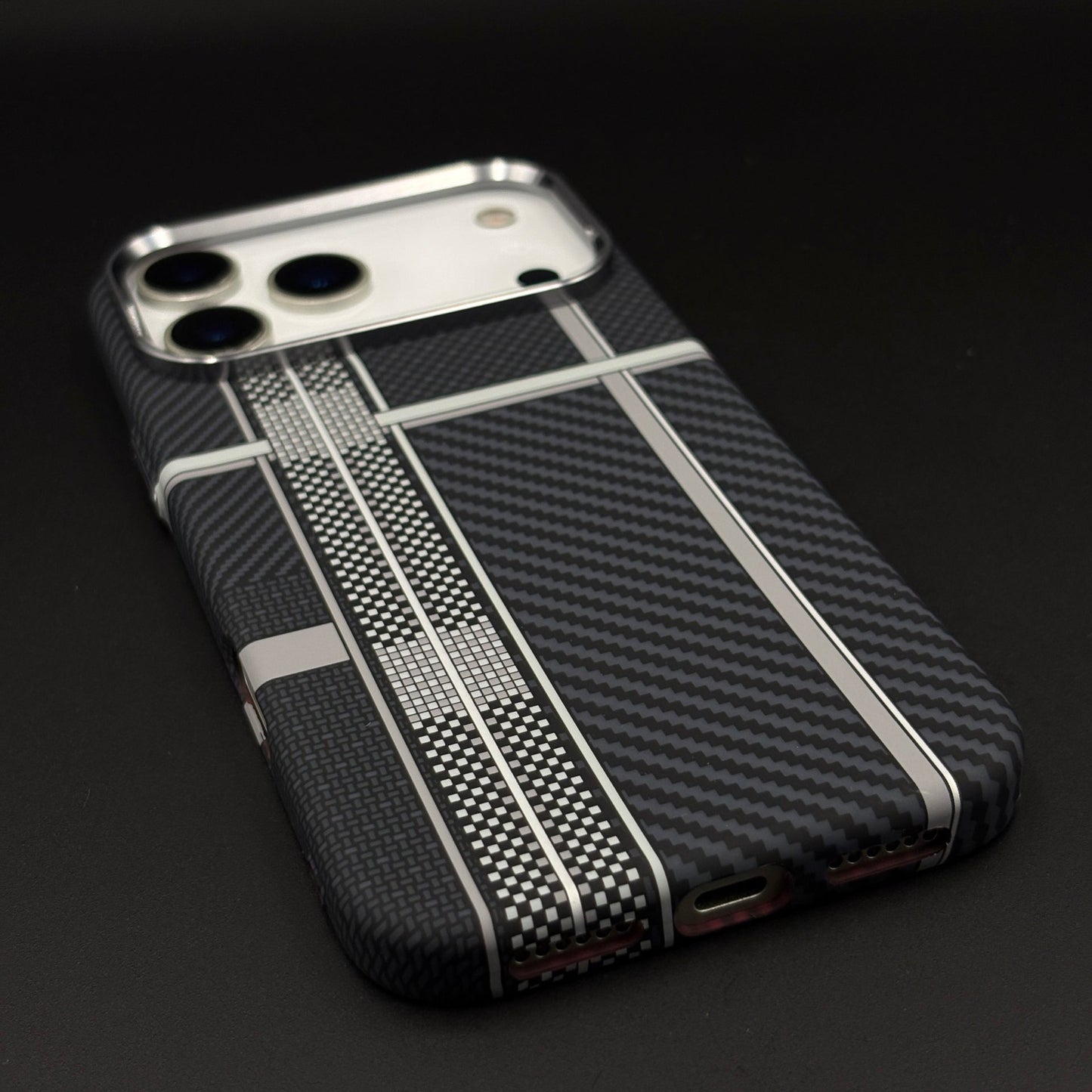Striped White Slim Mobile Case Cover for iPhone 17 Series | Rare Aramid Texture Finish | Real Carbon Fibre Feel | Hidden MagSafe