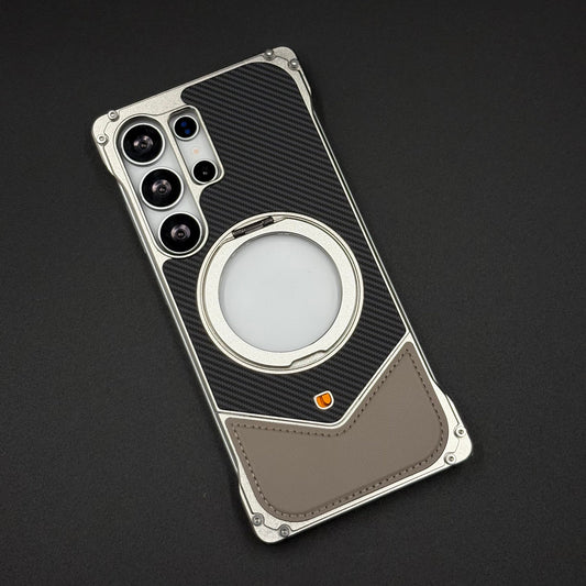 Frameless Carbon Fiber Bumper Case for Samsung Galaxy S24 Ultra | 360° Rotating Magsafe Stand | Rugged Magnetic Protection