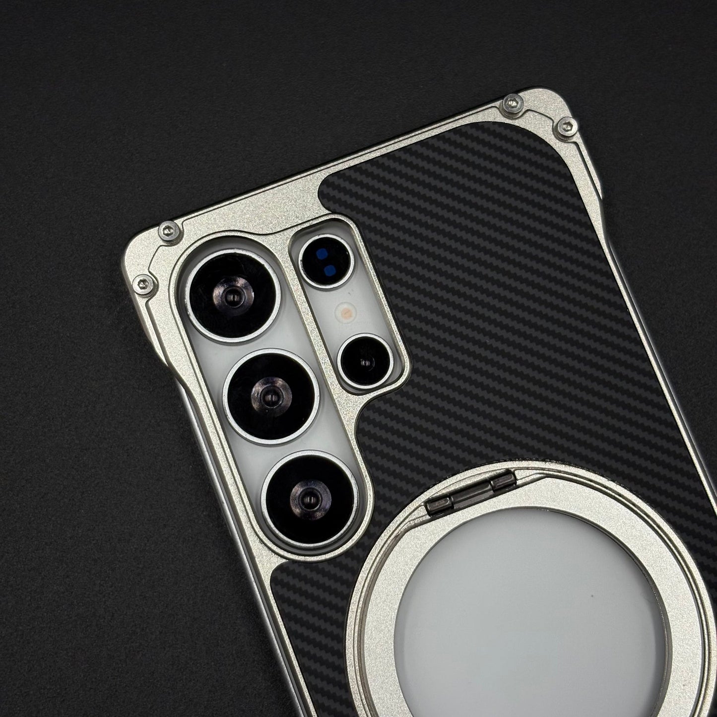 Frameless Carbon Fiber Bumper Case for Samsung Galaxy S25 Ultra | 360° Rotating Magsafe Stand | Rugged Magnetic Protection