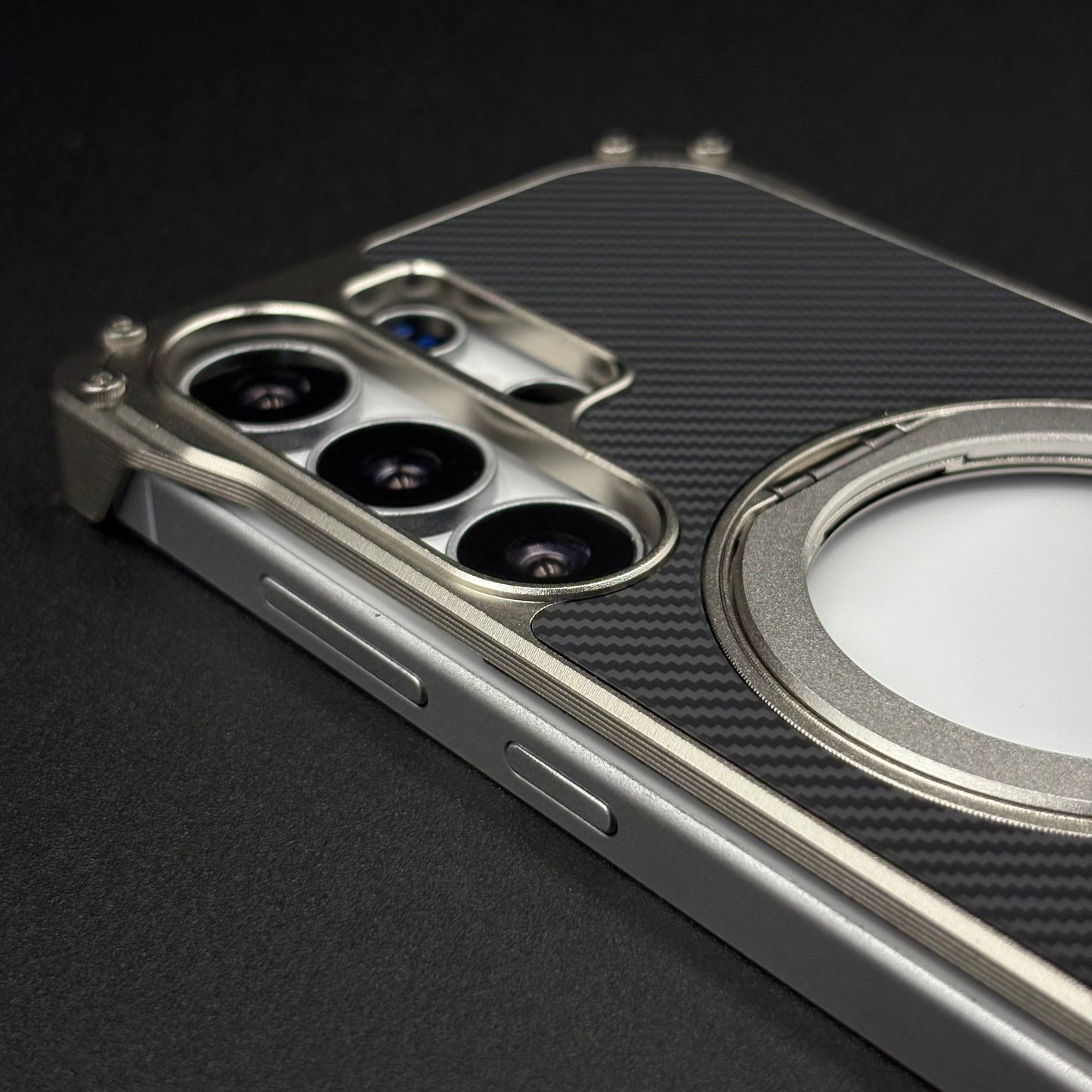 Frameless Carbon Fiber Bumper Case for Samsung Galaxy S24 Ultra | 360° Rotating Magsafe Stand | Rugged Magnetic Protection