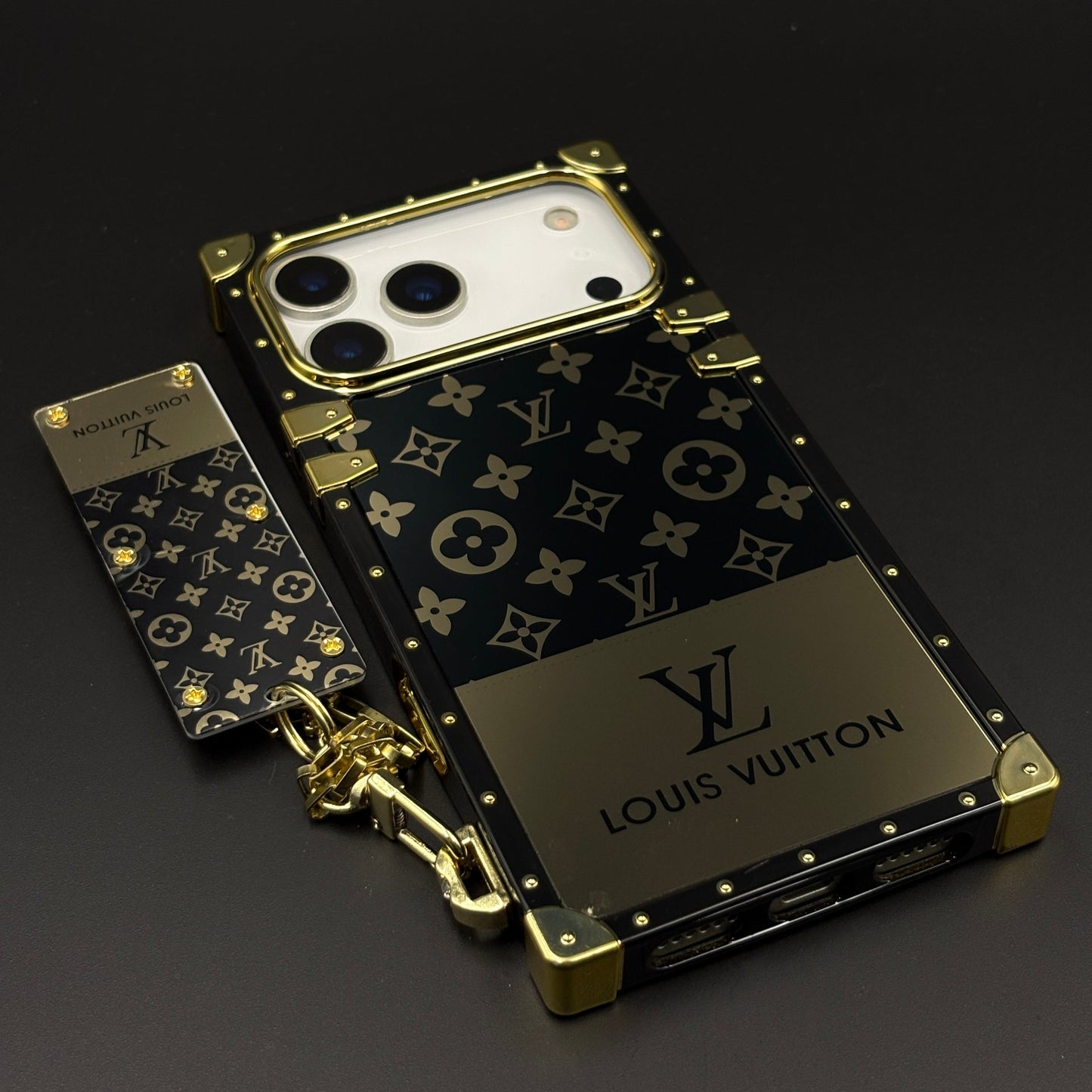 Luxury Trunk Phone Case Cover with Chain for iPhone 17 Series | Designer Metal Frame | Gold Monogram