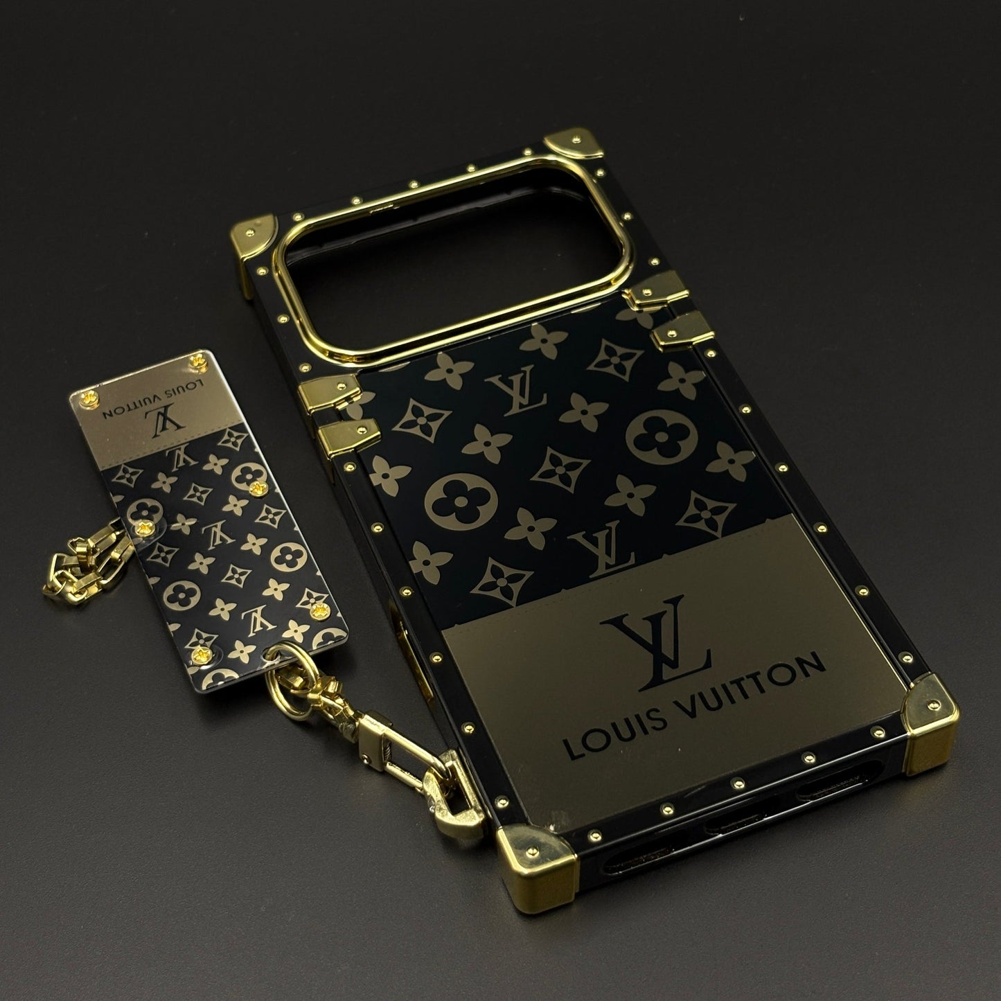 Luxury Trunk Phone Case Cover with Chain for iPhone 17 Series | Designer Metal Frame | Gold Monogram