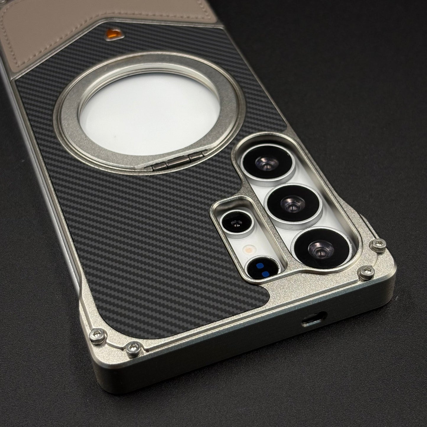 Frameless Carbon Fiber Bumper Case for Samsung Galaxy S25 Ultra | 360° Rotating Magsafe Stand | Rugged Magnetic Protection